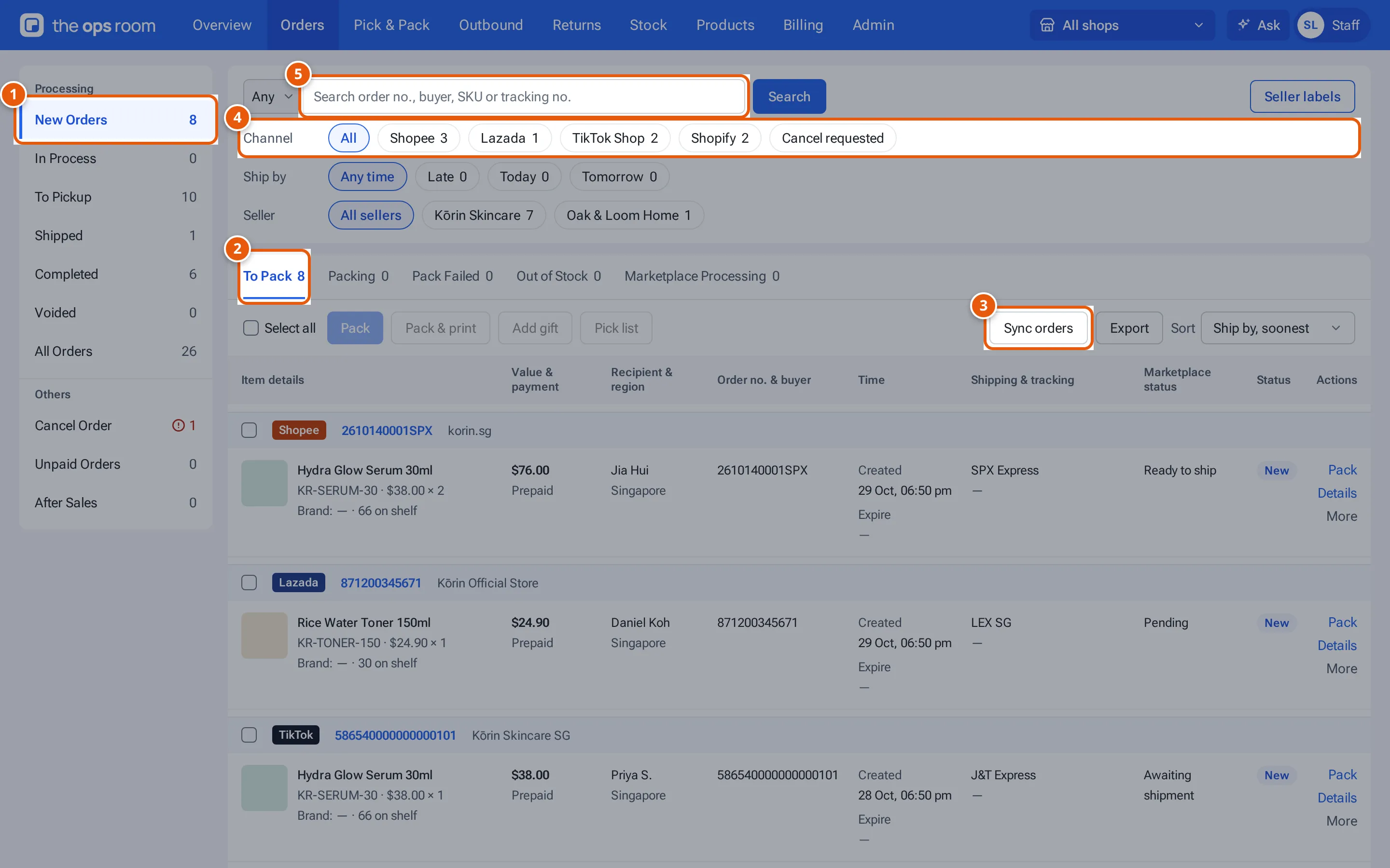The Orders page with the order groups, the Filters card with Search by and the filter buttons, and the orders with their action bar