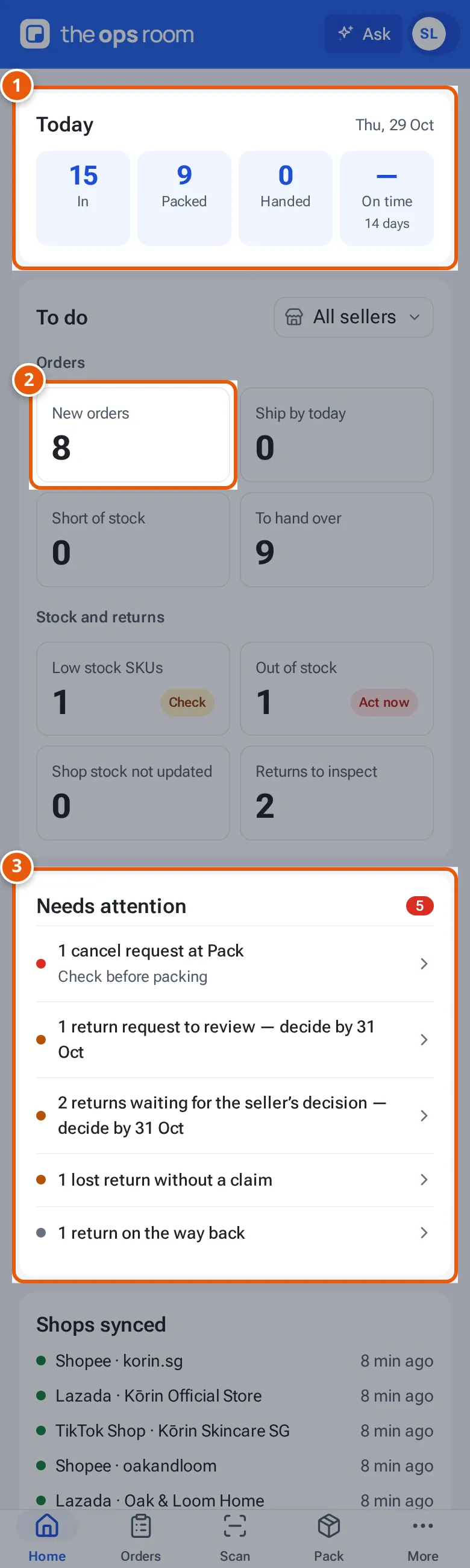 The Home tab on a phone: Today, To do and Needs attention