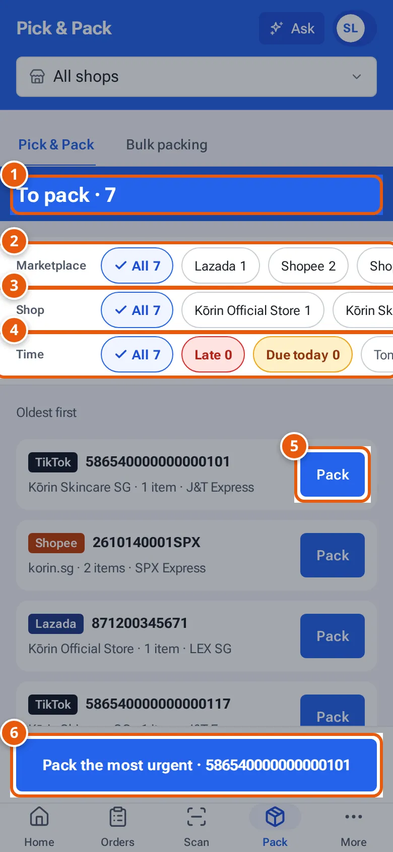 The Pack tab on a phone: To pack with Marketplace, Shop and Time filter rows, the orders and a button to pack the most urgent