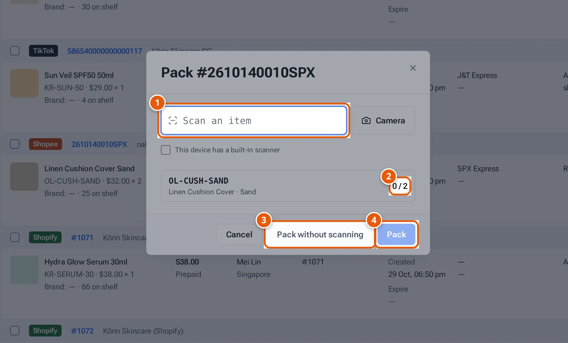 The Pack window for one order: the scan box, the item count, Pack without scanning and Pack