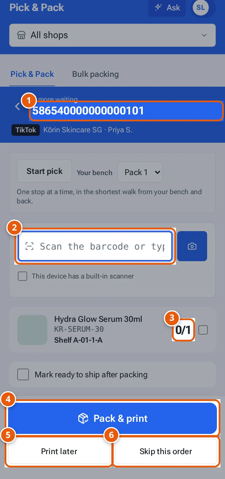 Pick & Pack on a phone: the order, the scan box, the scanned count, the Up next list, and Pack & print, Print later and Skip this order