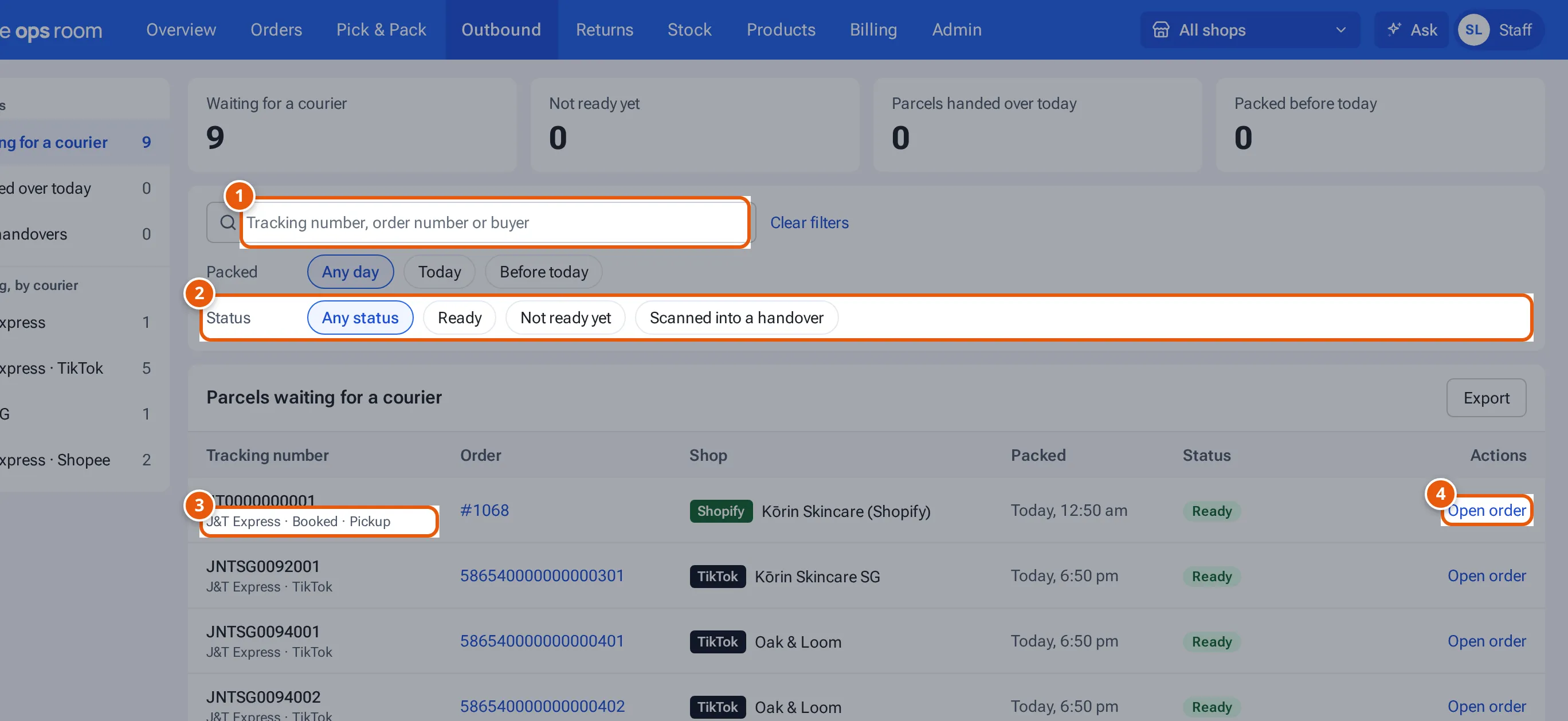 The Waiting for courier table with the search box, the Status filter, an EasyParcel pickup booking and Open order