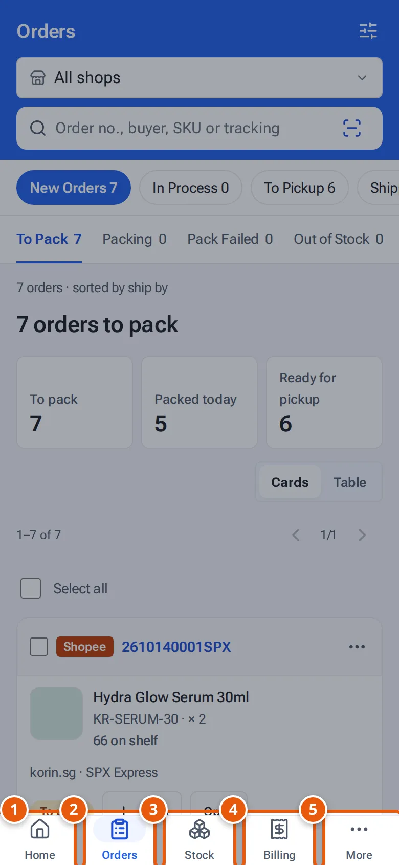 The five tabs along the bottom for sellers: Home, Orders, Stock, Billing and More