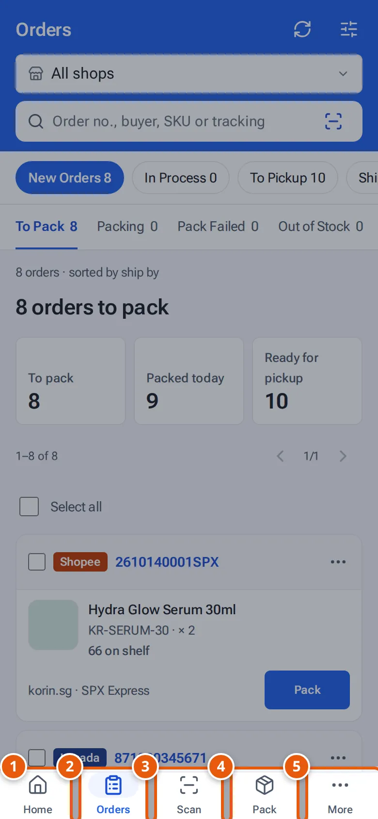 The five tabs along the bottom for warehouse staff and admins: Home, Orders, Scan, Pack and More