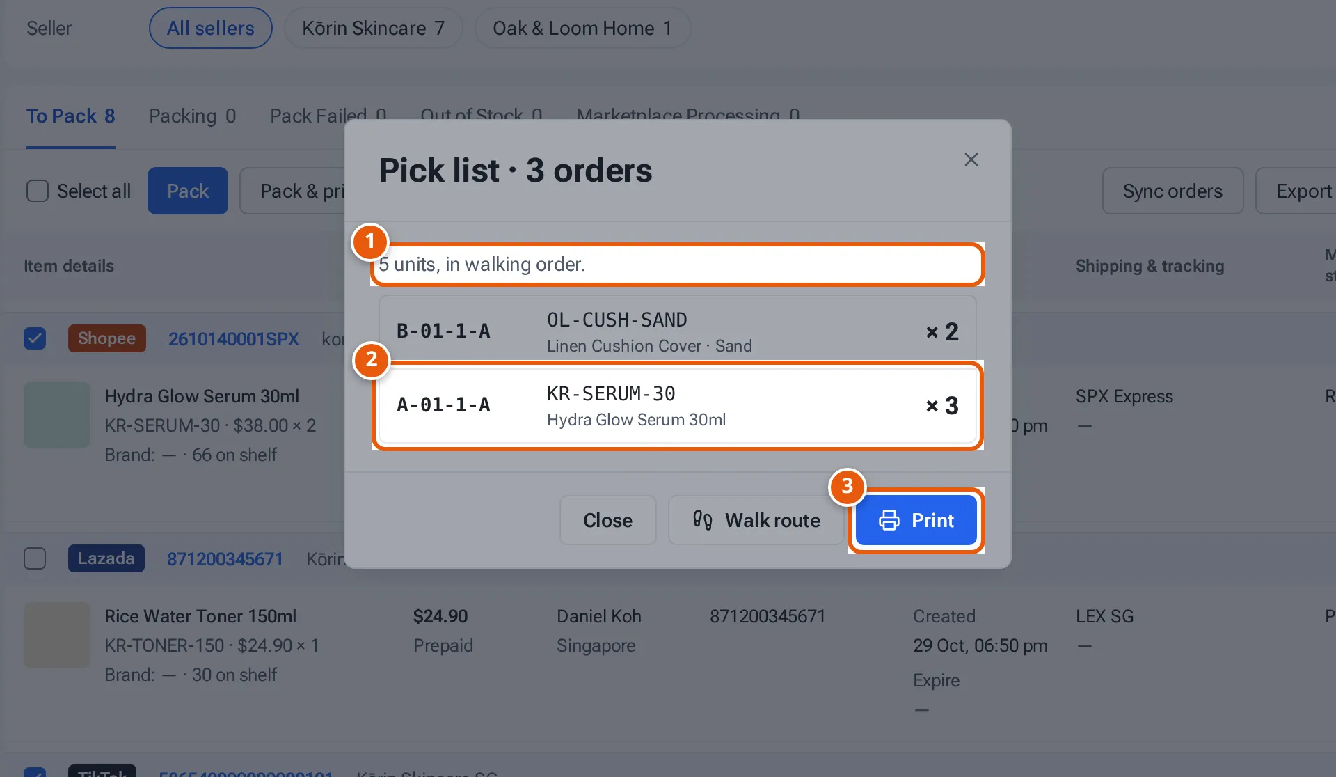 The pick list window: units in walking order, the shelf of each item and Print