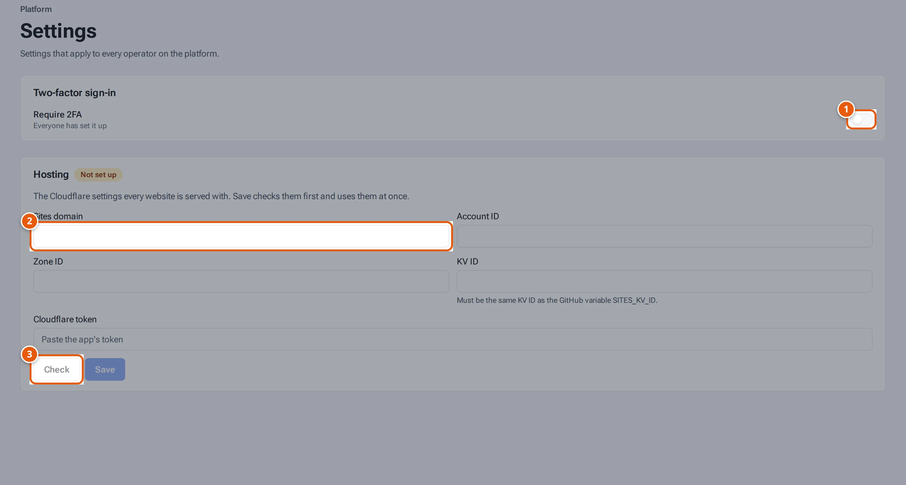 Platform, Settings: Require 2FA and the Hosting card
