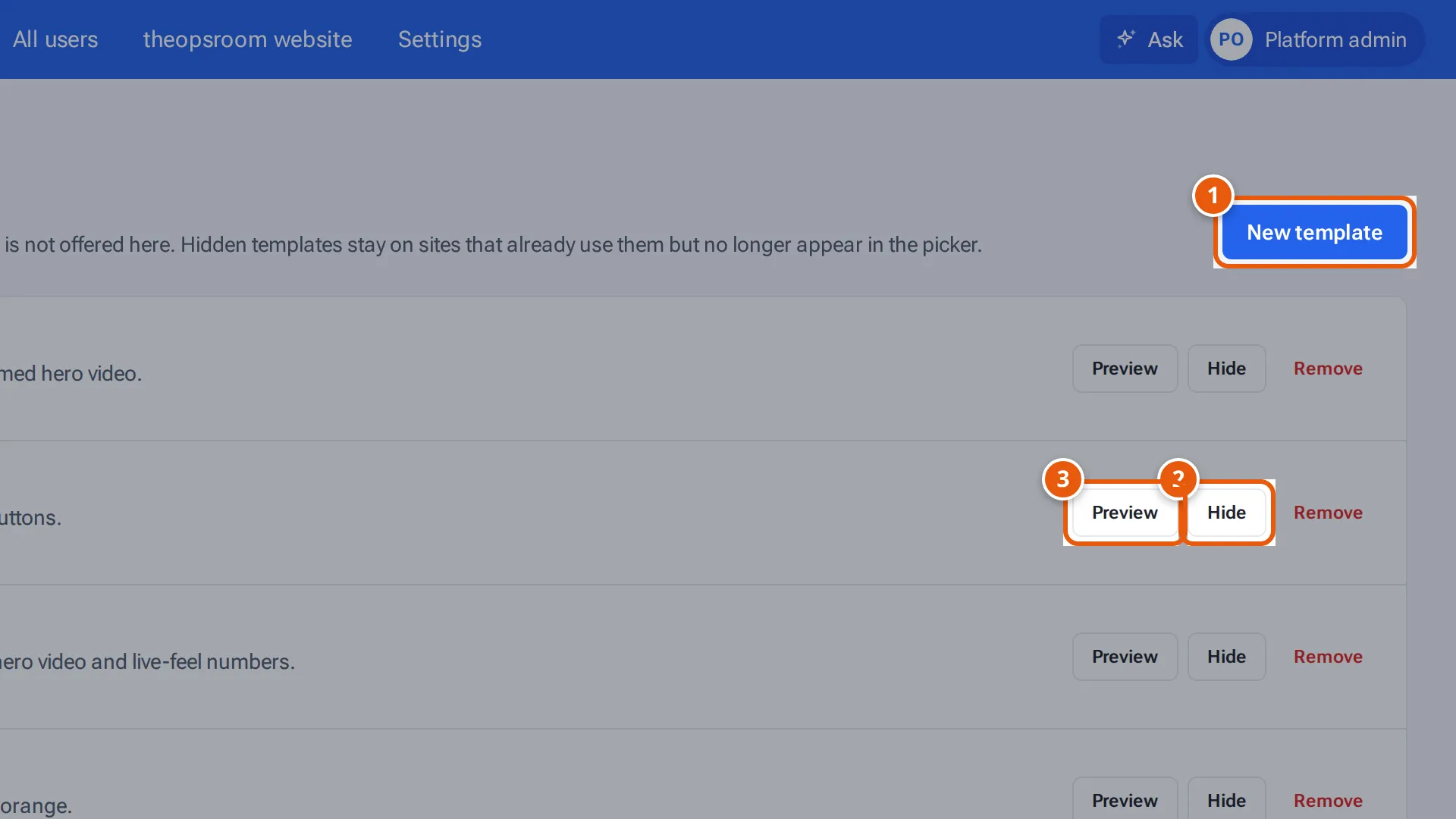 Platform, Templates: New template and a card for each template with Preview and Hide