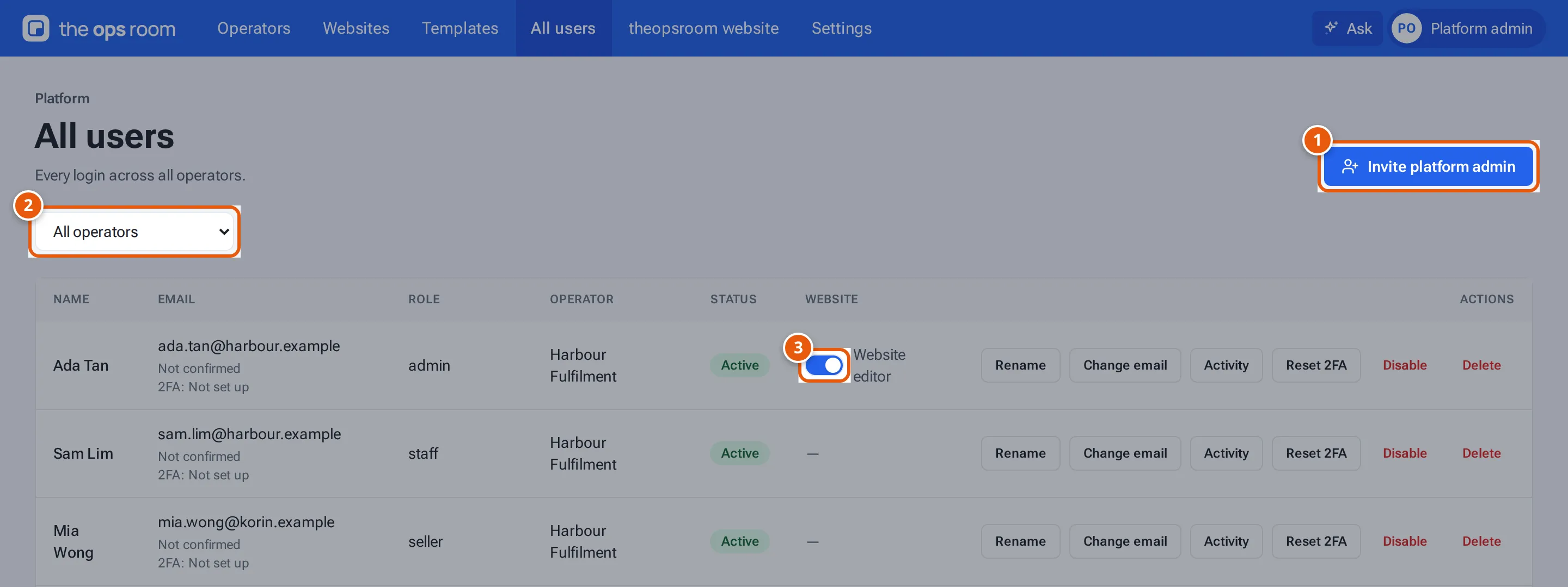 Platform, All users: Invite platform admin, the operator filter and the Website editor switch