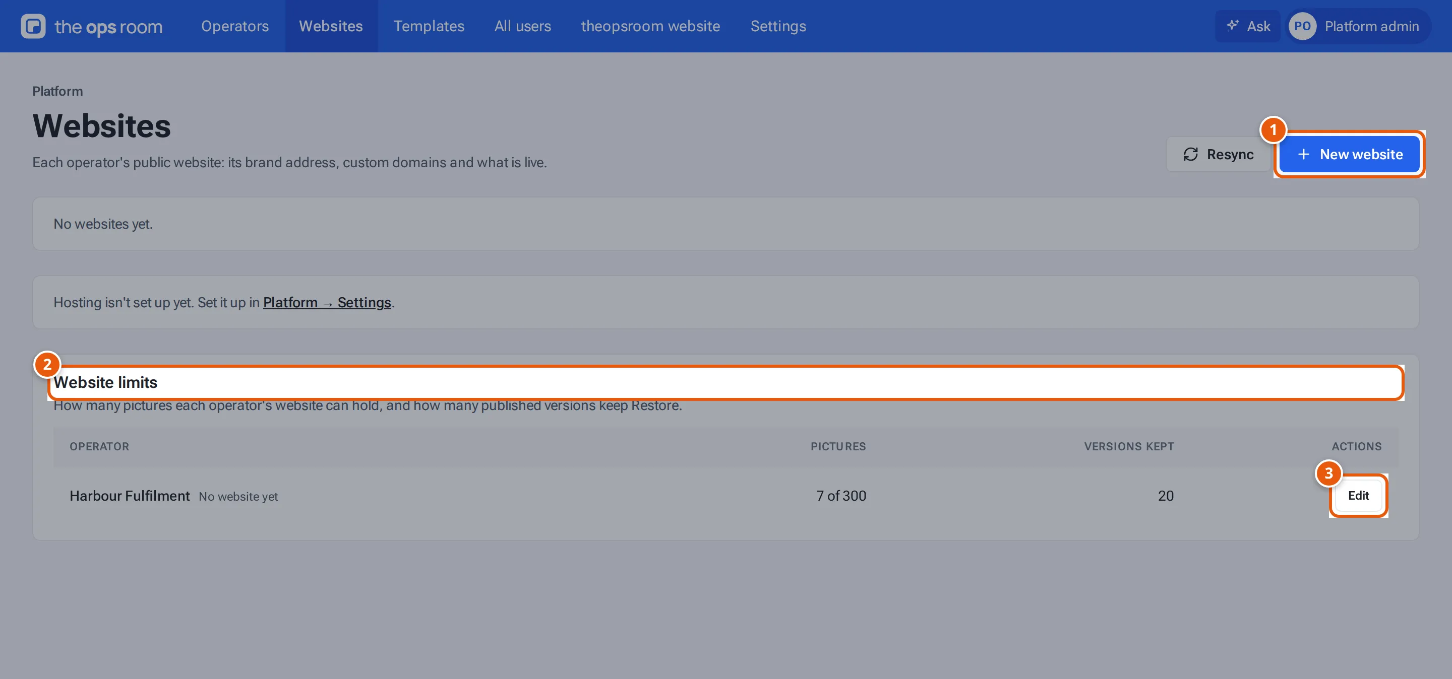 Platform, Websites: New website and the website limits for each operator