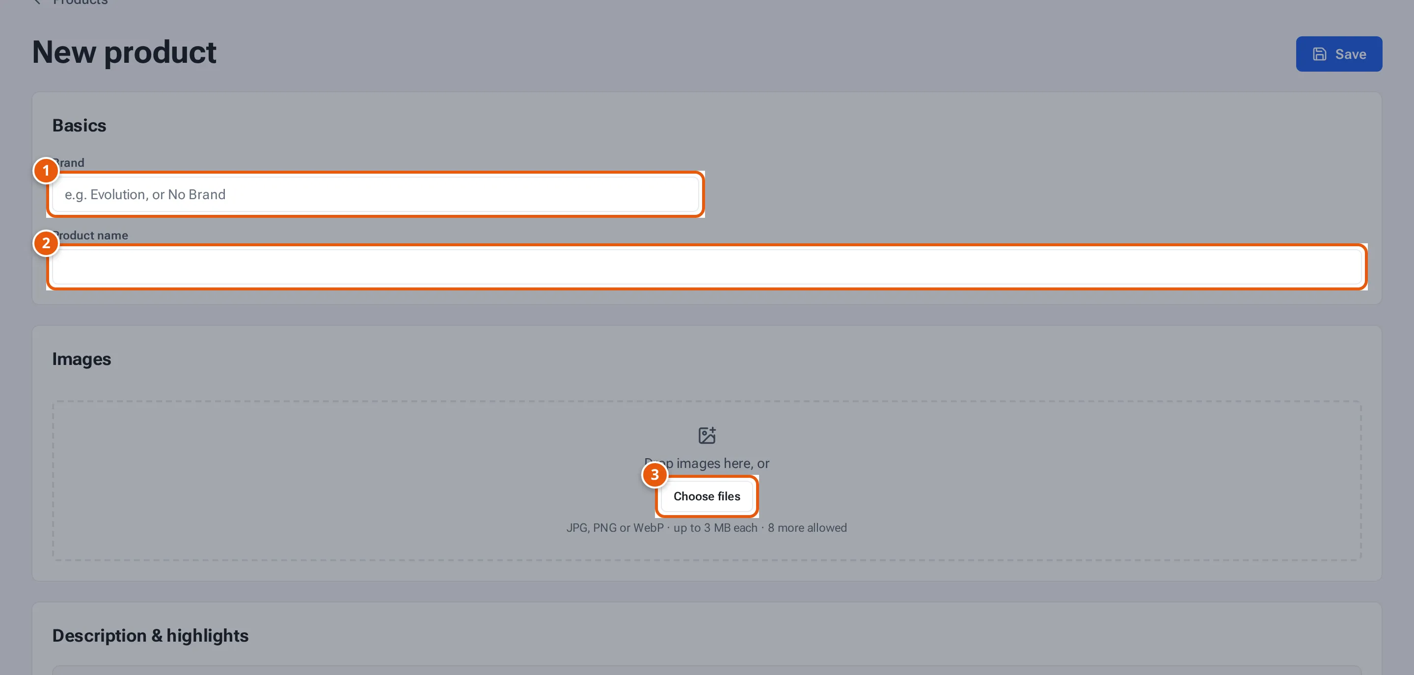 New product: Brand, Product name and Choose files for photos