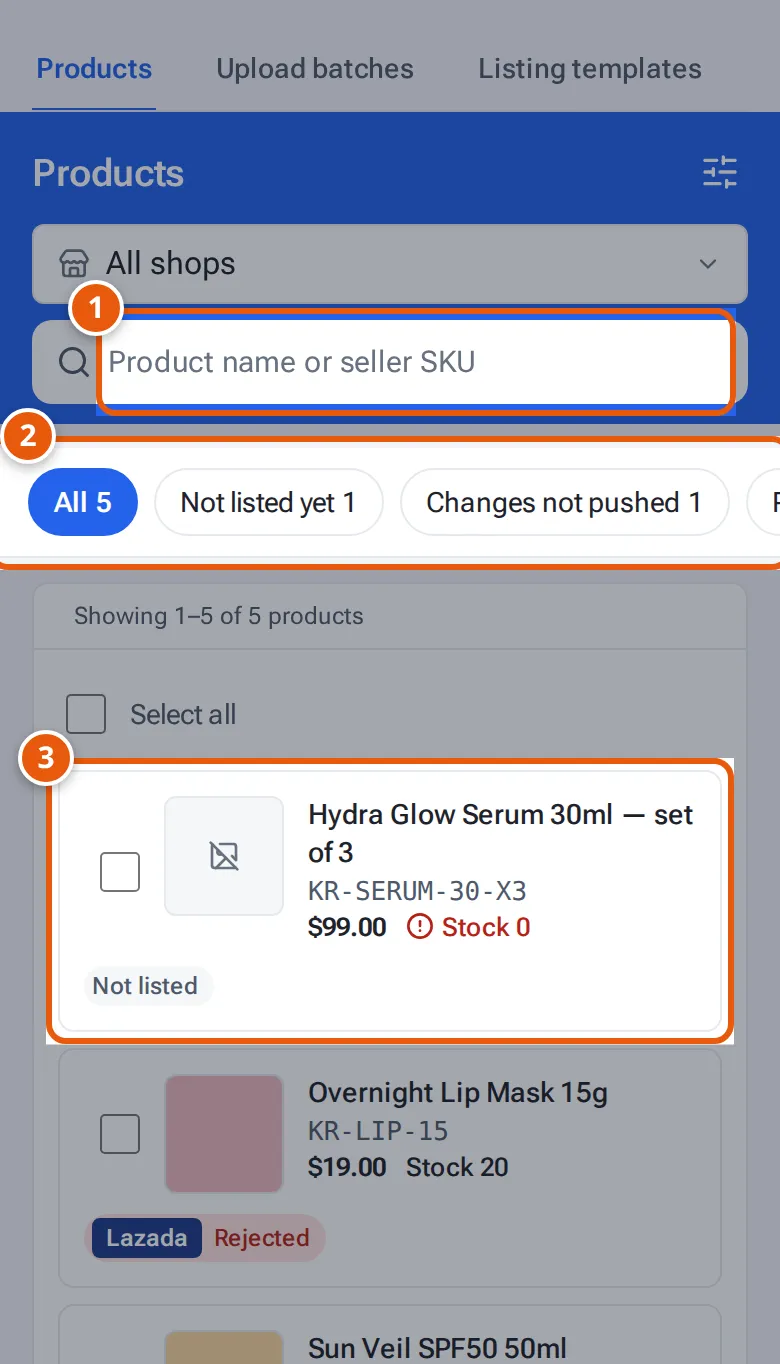 Products on a phone: search, the swipeable views and a card for each product