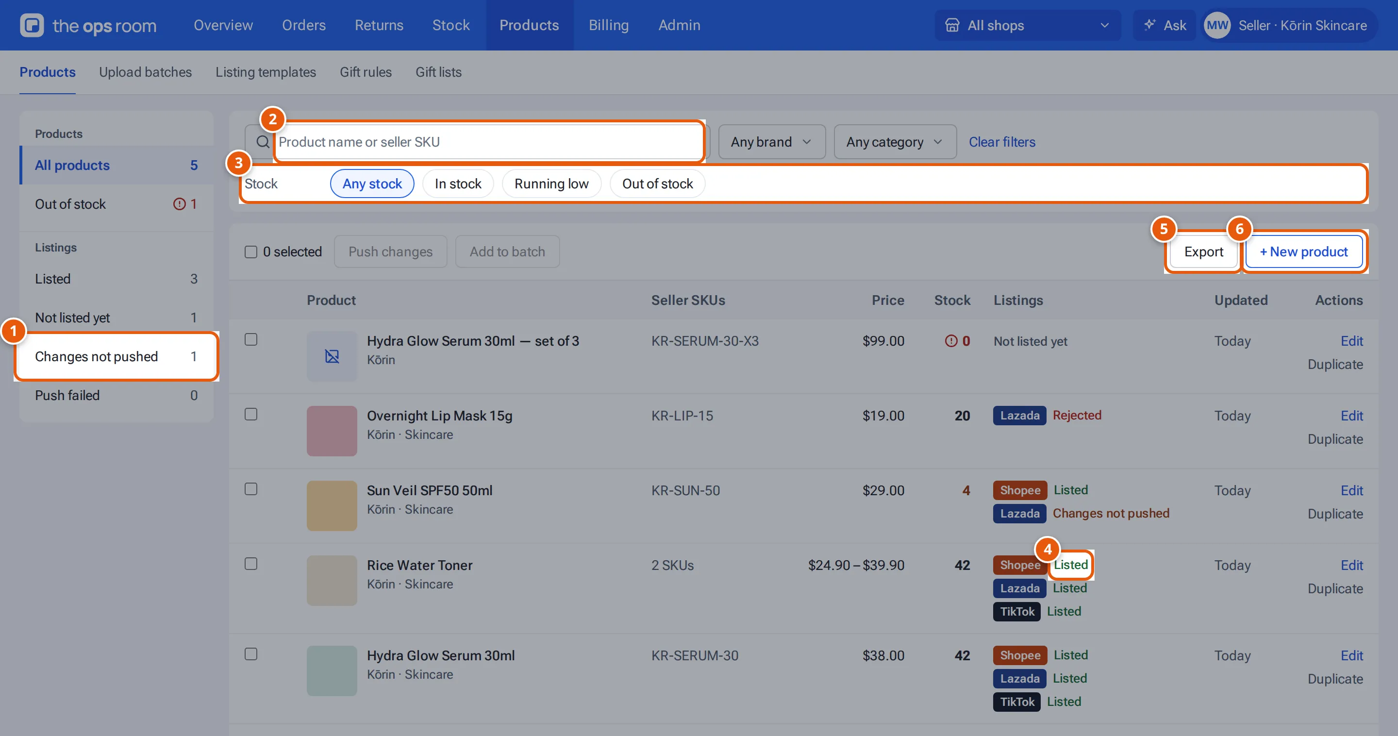 Products: the Products and Listings menu, search, filters, a label per shop, stock, Export and New product