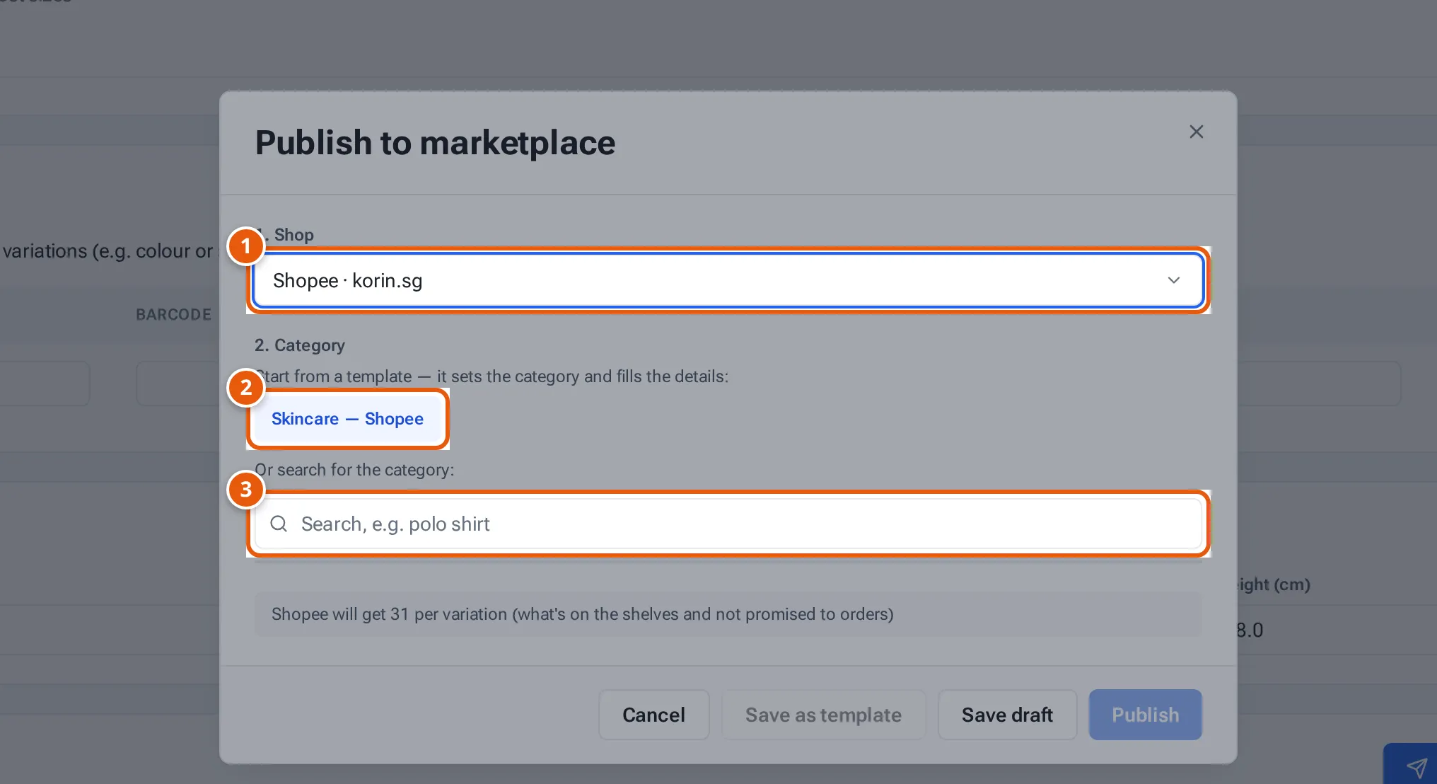 The Publish window: the shop, a listing template, and category search