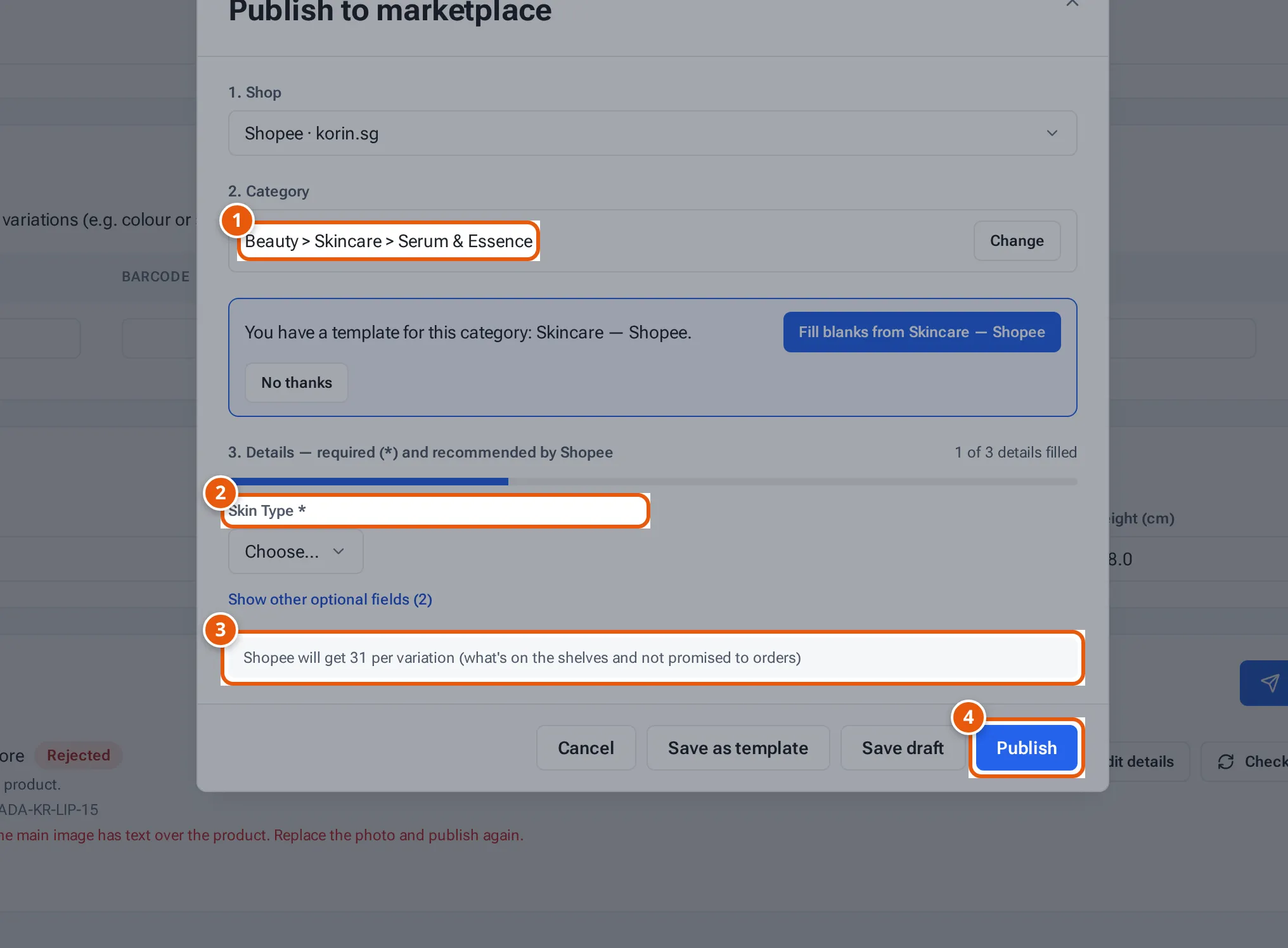 The Publish window: the chosen category, Shopee's required details, the stock note and Publish