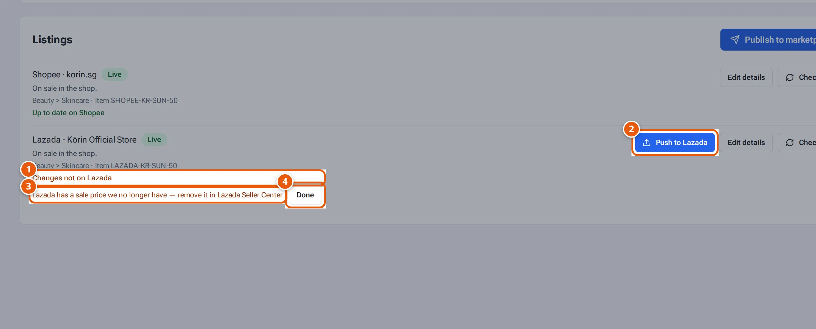 A listing with changes not on Lazada, a note to change in Seller Center, Done and Push to Lazada
