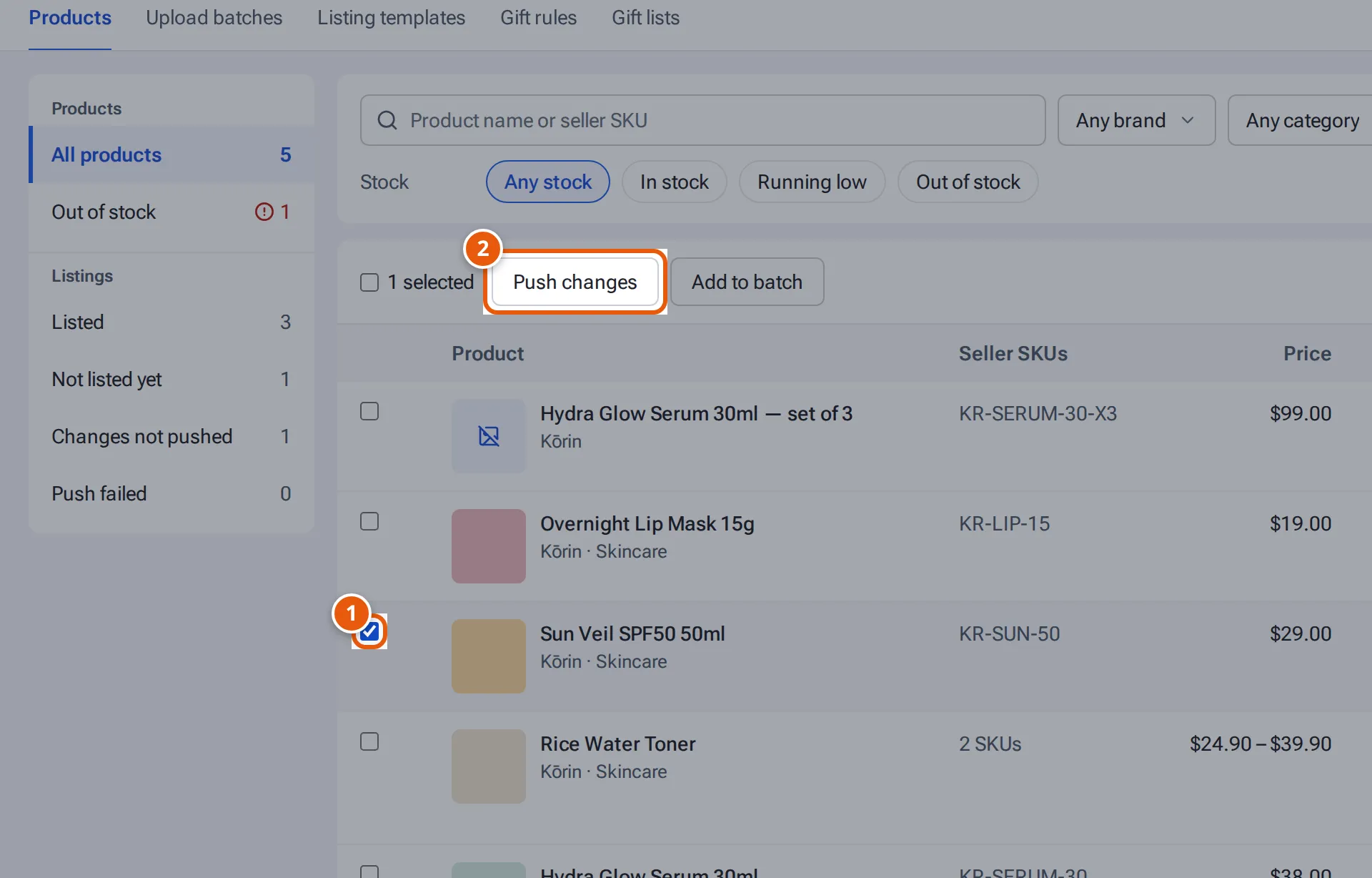 Products with a product ticked and the Push changes button