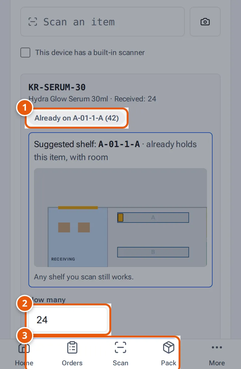 An item picked on Put away: where it already is, How many and Scan the shelf