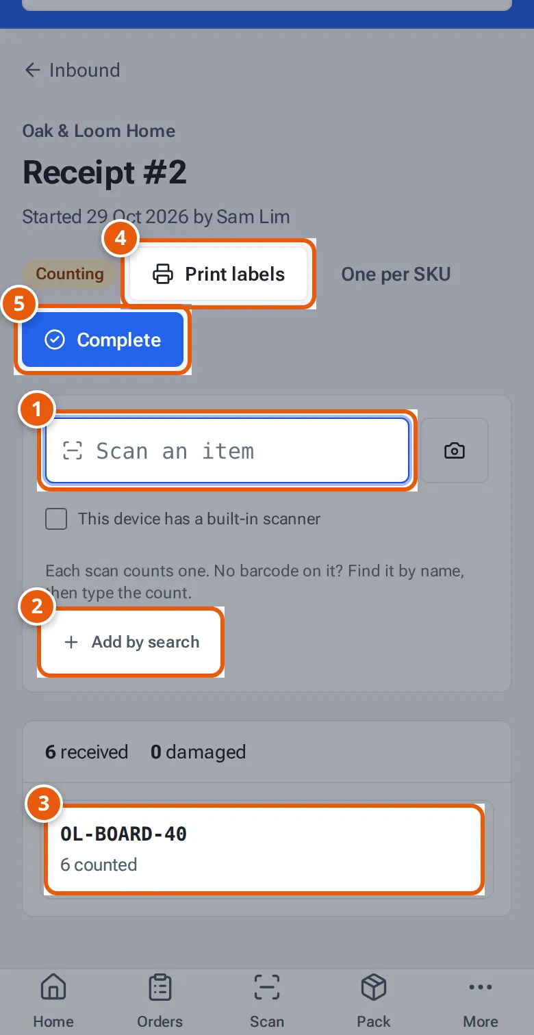A receipt on a phone: the scan box, Add by search, a counted SKU, Print labels and Complete