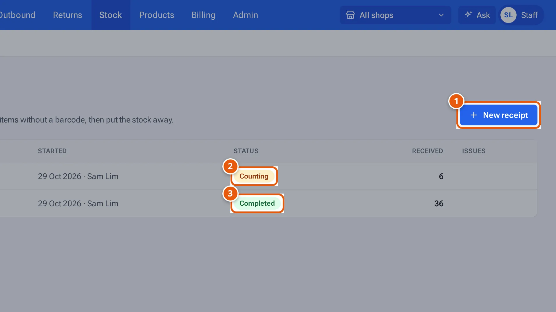 Inbound & Receiving with New receipt, a receipt being counted and a completed one