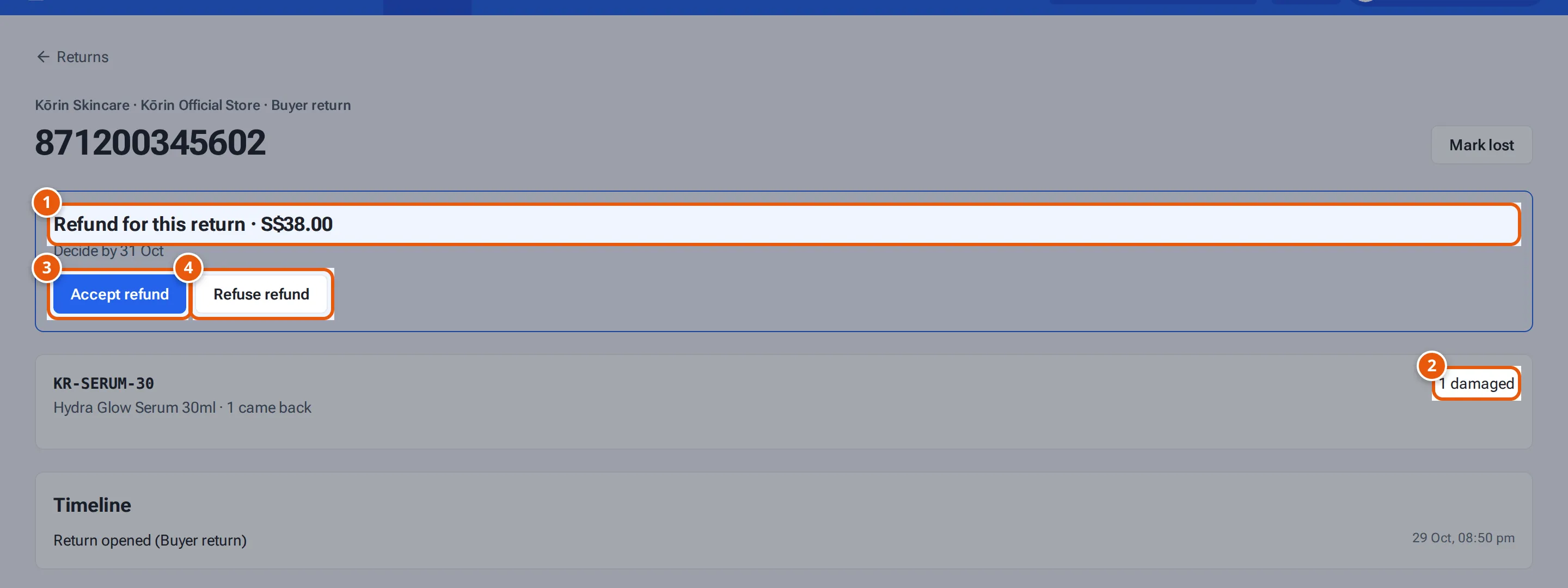 A checked Lazada return: Refund for this return, 1 damaged, Accept refund and Refuse refund