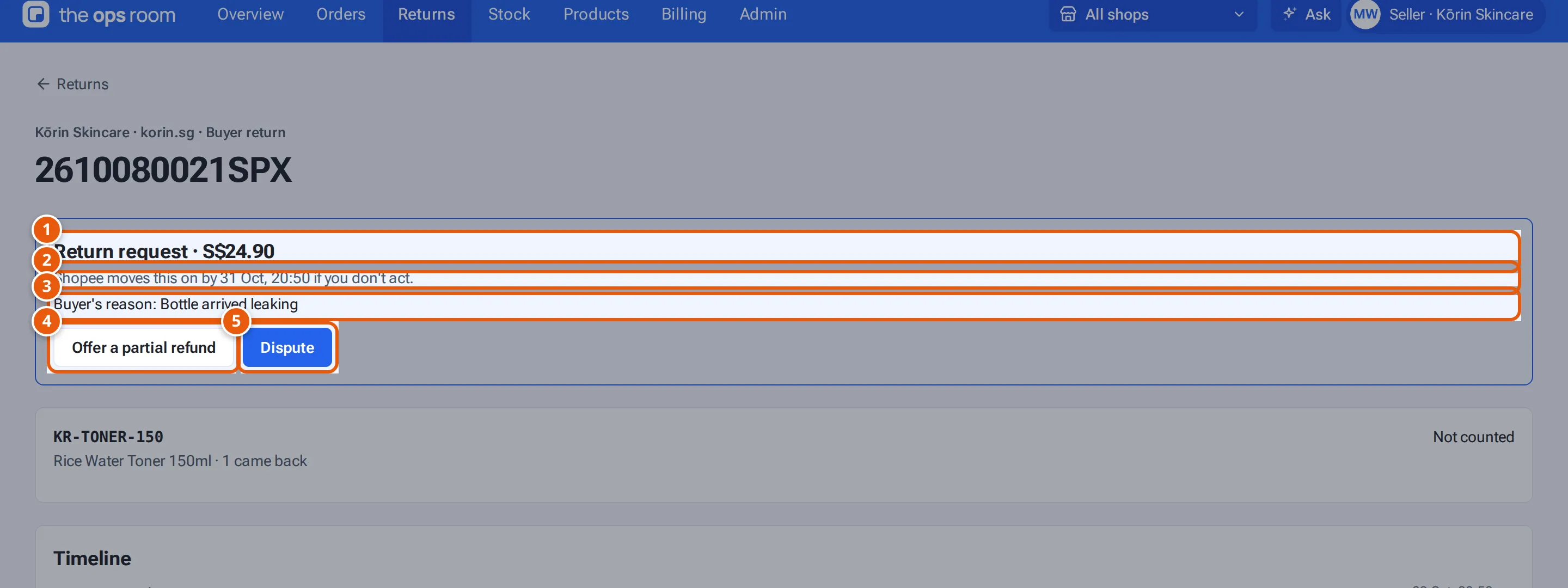 A Shopee return request: amount, deadline, buyer's reason, Offer a partial refund and Dispute