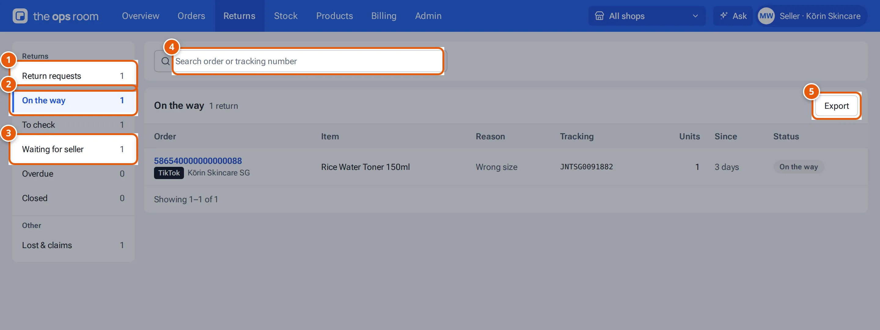 Returns: the stage menu with counts, the search box, Export and the list