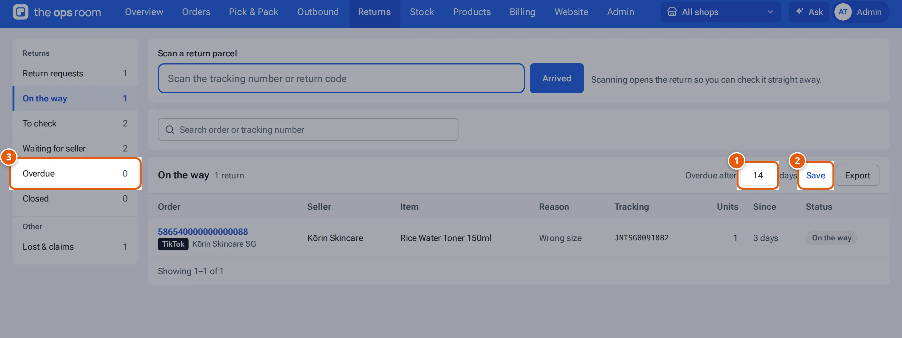 The Returns page with Overdue after (days), Save and the Overdue stage
