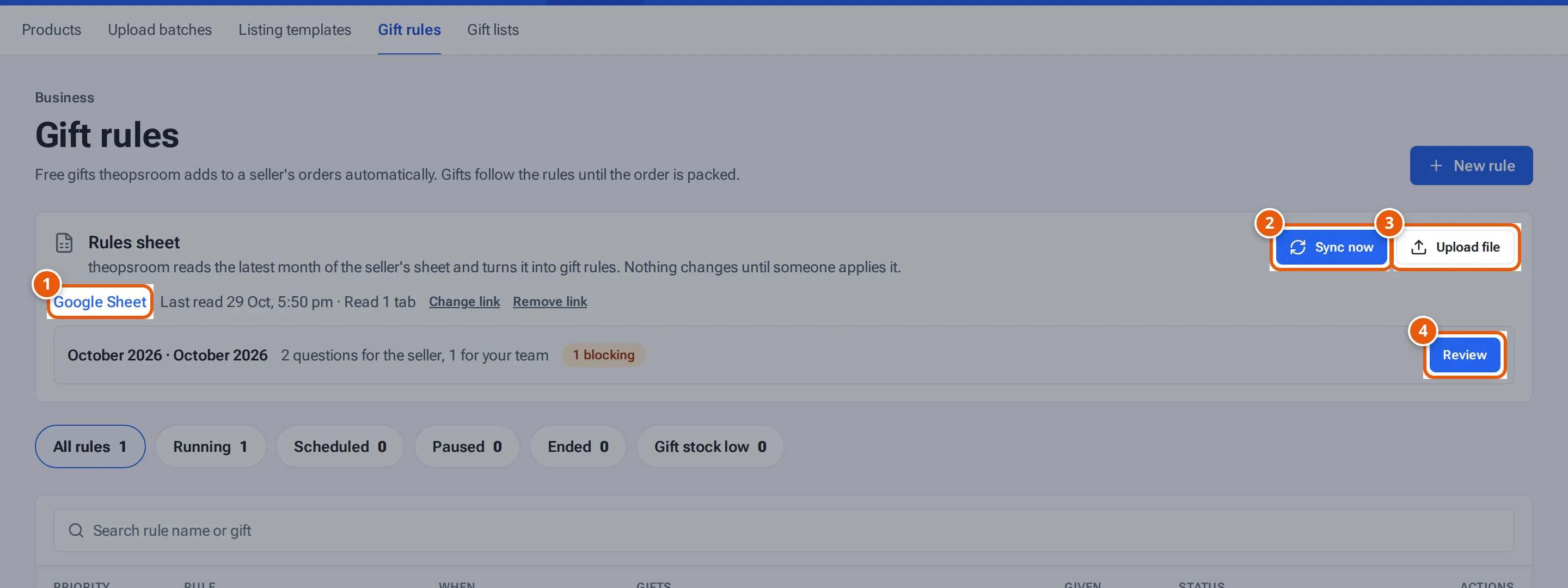 The Rules sheet card: the linked Google Sheet, Sync now, Upload file and Review