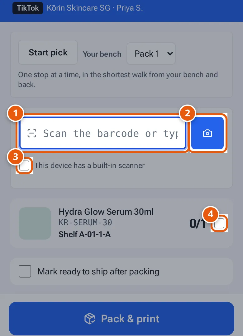 The scan box on a phone: Scan an item, the Use camera button, the This device has a built-in scanner tick box