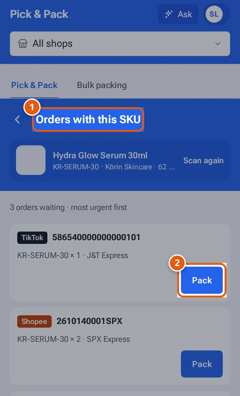 Orders with this SKU: the product, how many orders are waiting for it and a Pack button on each