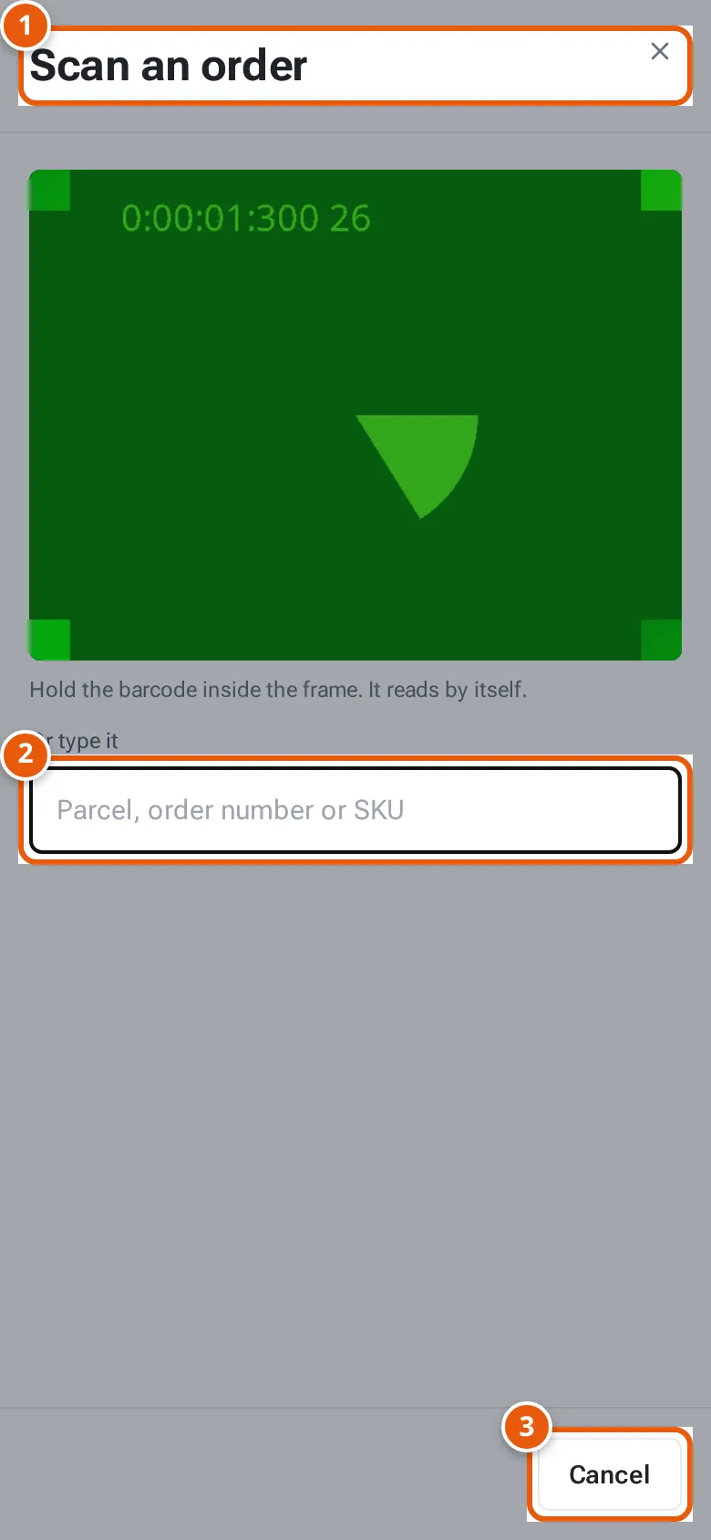 The Scan tab on a phone: the camera over Pick & Pack, with a box to type the code instead