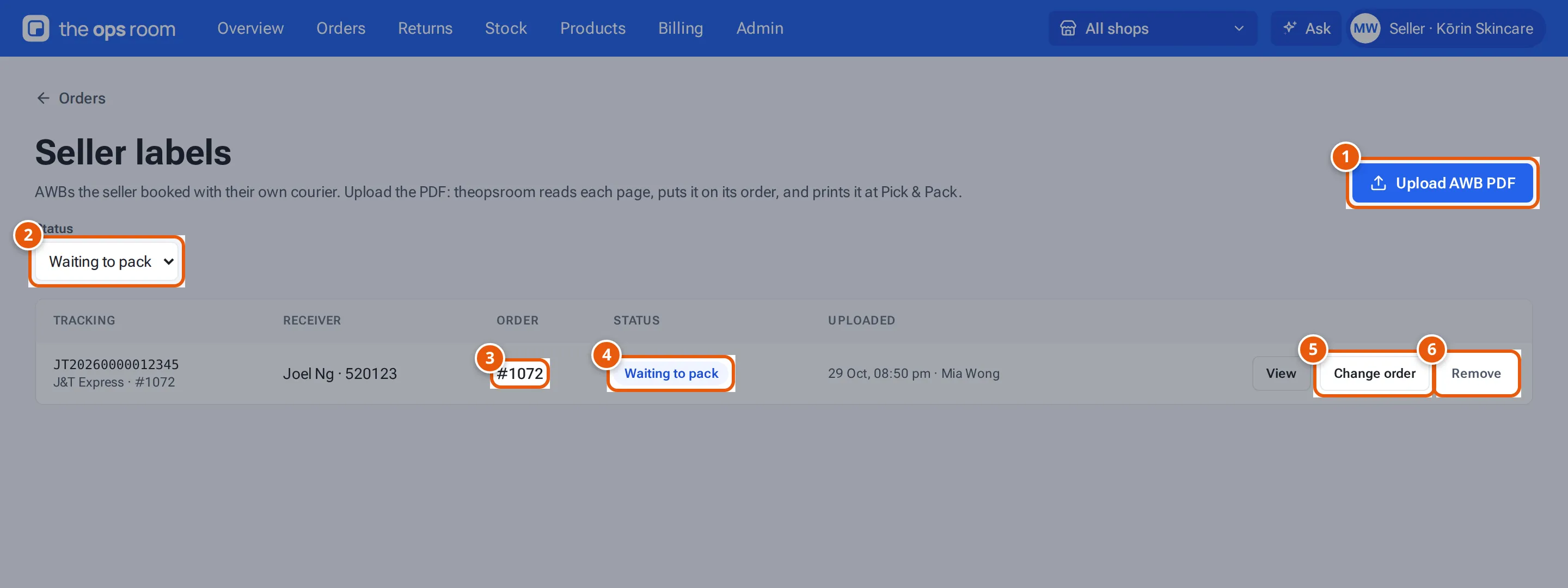Seller labels: Upload AWB PDF, the Status filter, a label on order #1072 waiting to pack, Change order and Remove