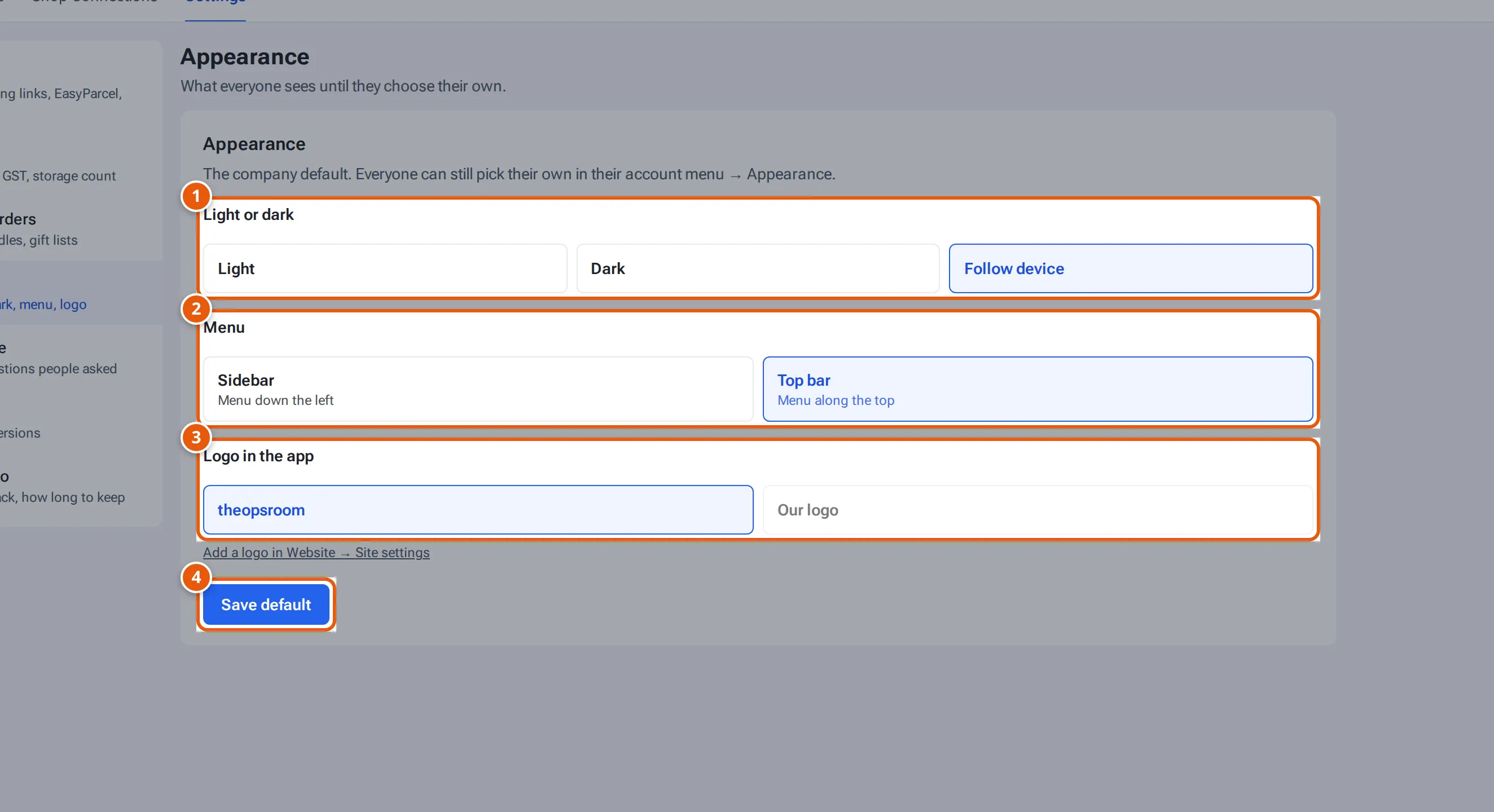 The company Appearance card: Light or dark, Menu, Logo in the app and Save default