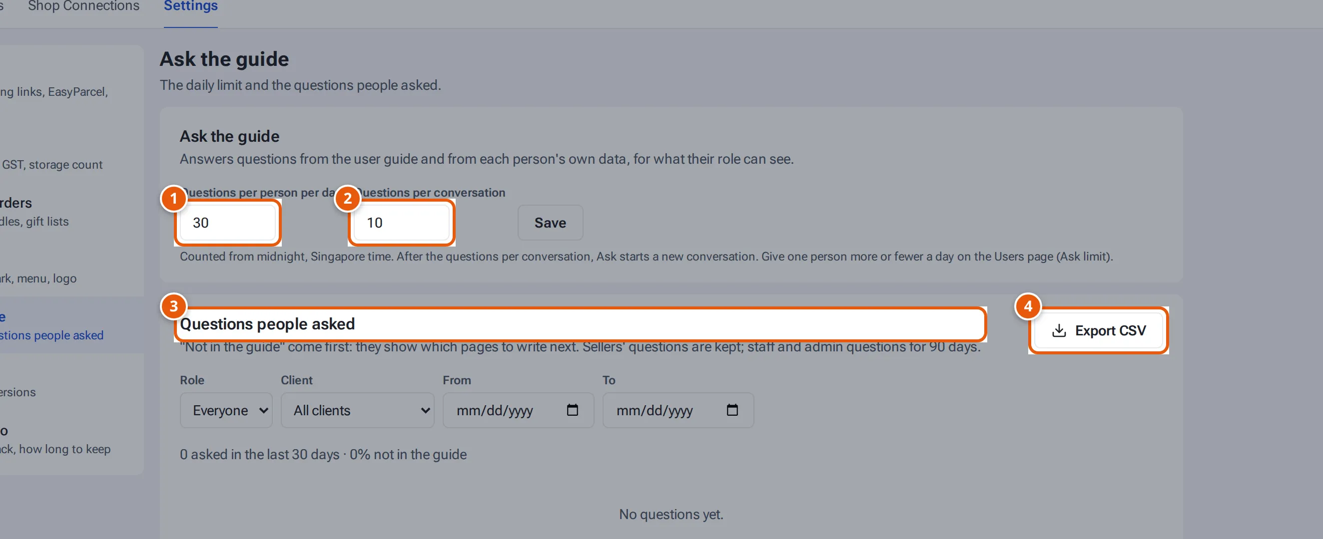 Settings, Ask the guide: the two daily limits and the log of questions people asked