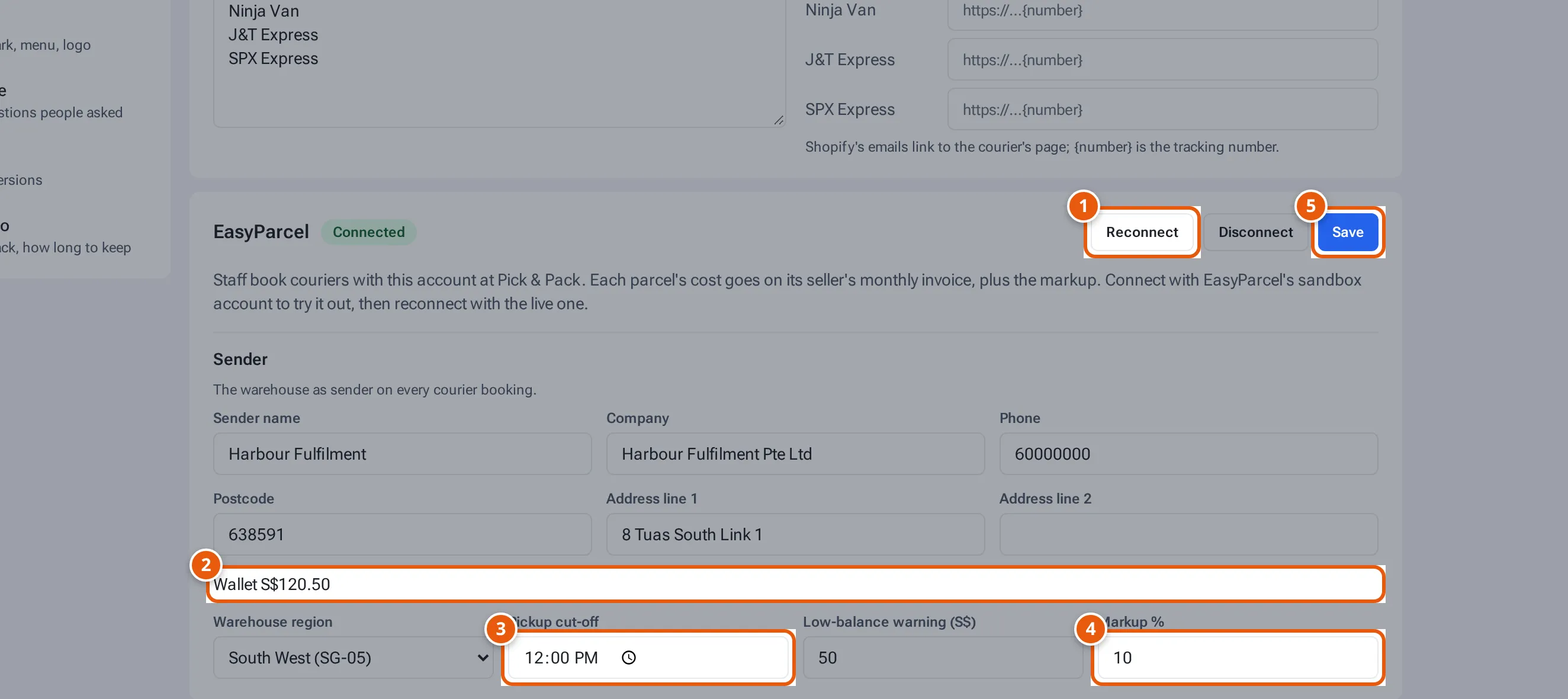 The EasyParcel card: Reconnect, Save, the sender fields, the wallet balance, pickup cut-off and markup