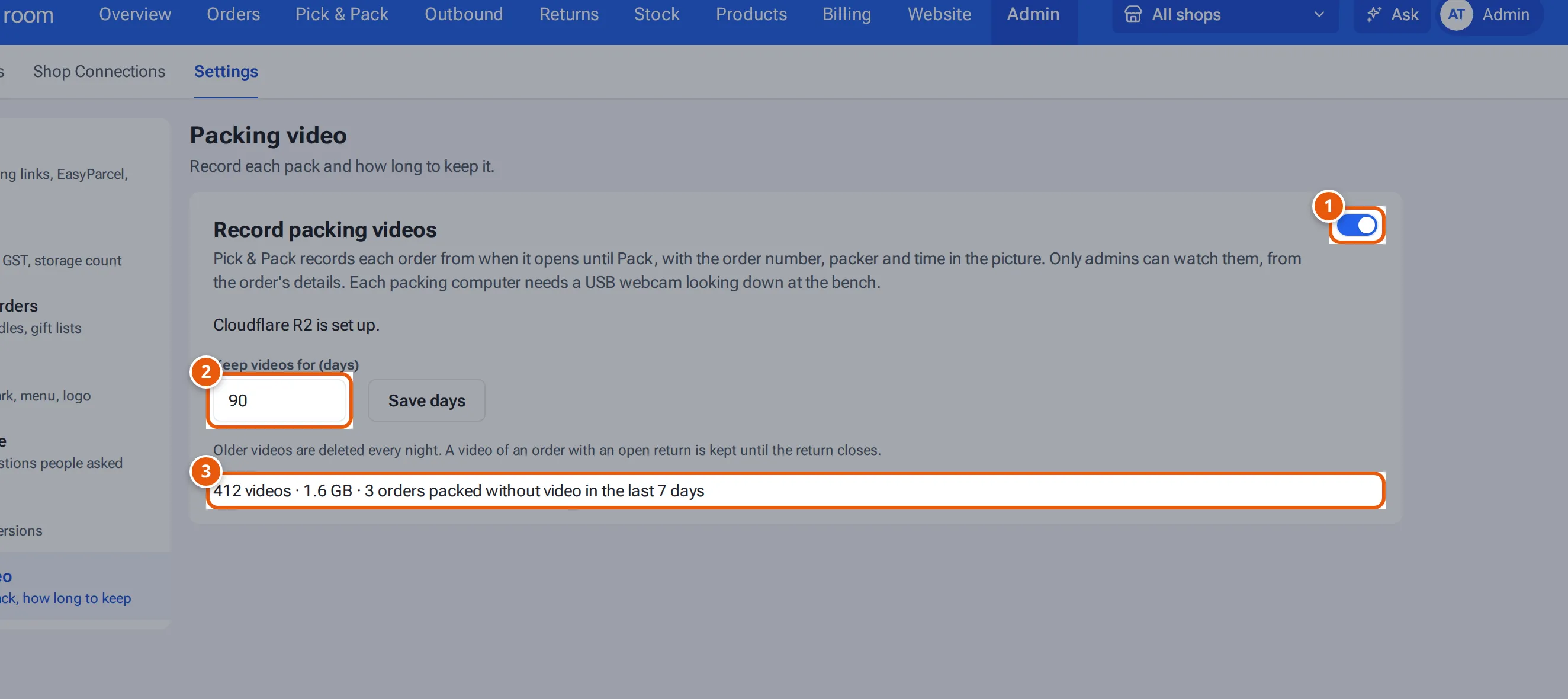Settings → Packing video: Record packing videos, Keep videos for (days), and what's stored