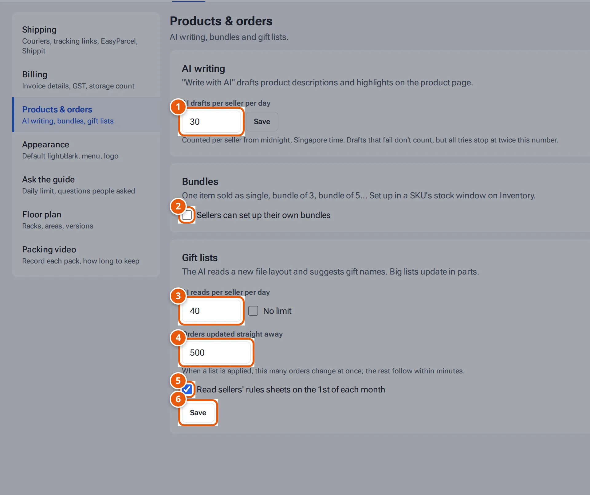 Products & orders settings: AI drafts per day, the bundles tick, gift list AI reads, orders updated straight away, rules sheets on the 1st and Save