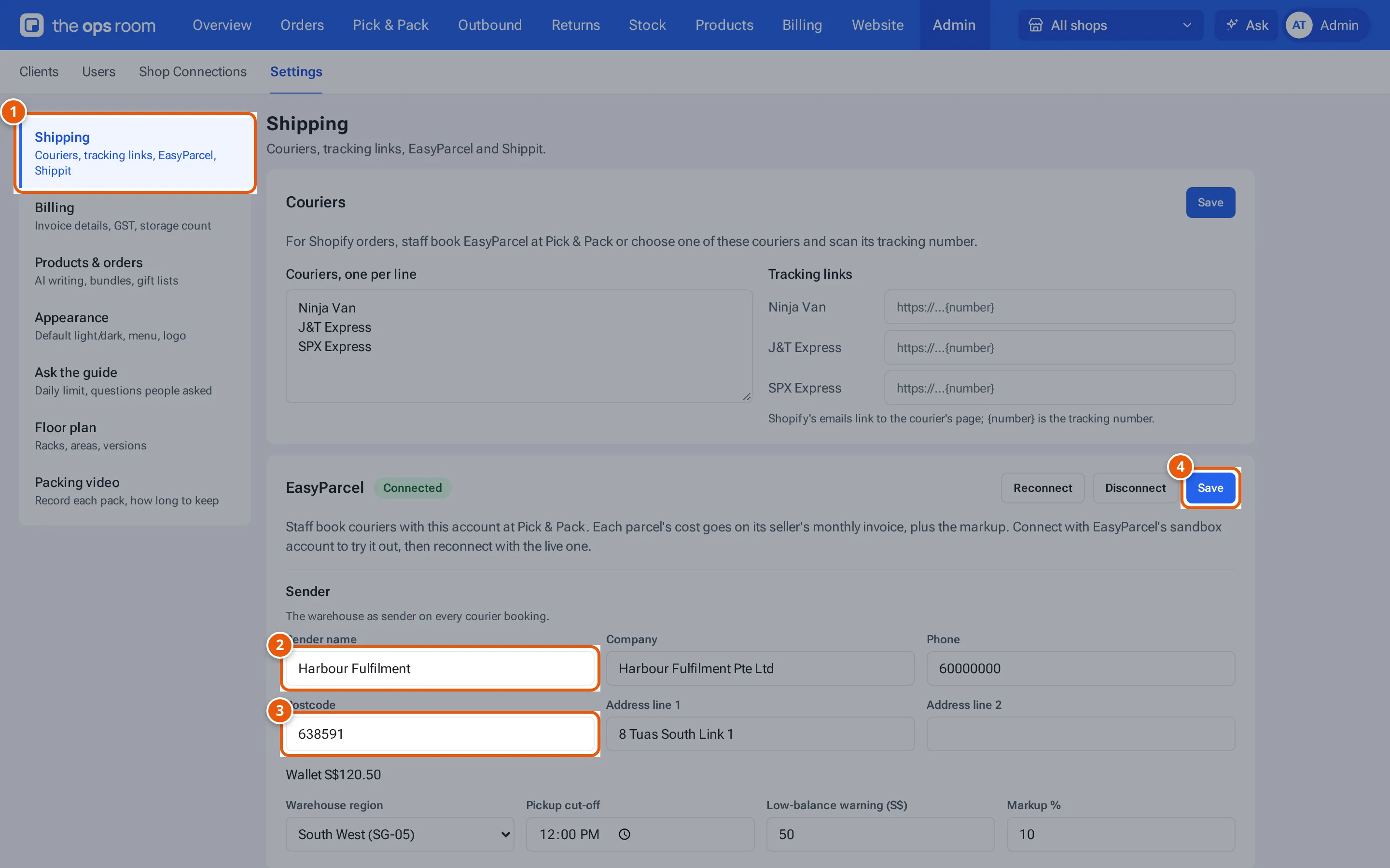 The Sender fields inside the EasyParcel card: sender name, postcode and address
