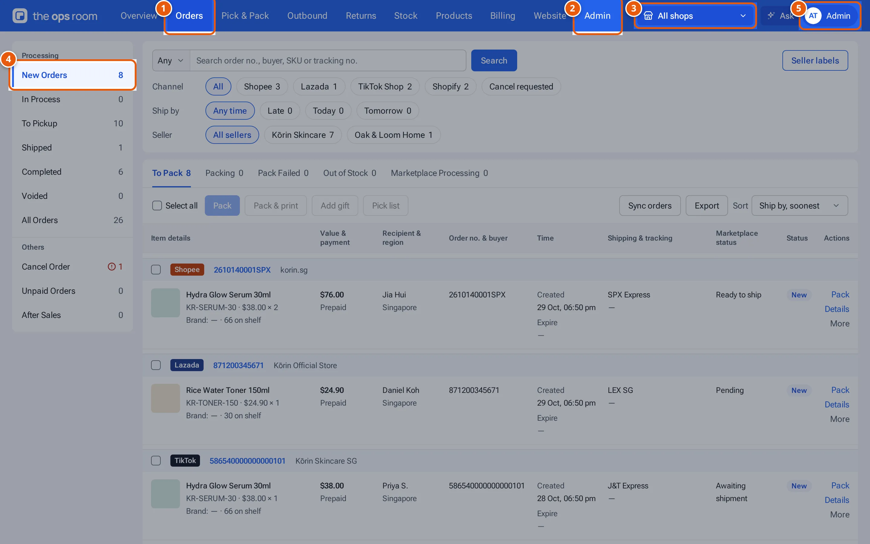 theopsroom with the top bar, a section's drop-down panel, the tab strip and the side menu with counts