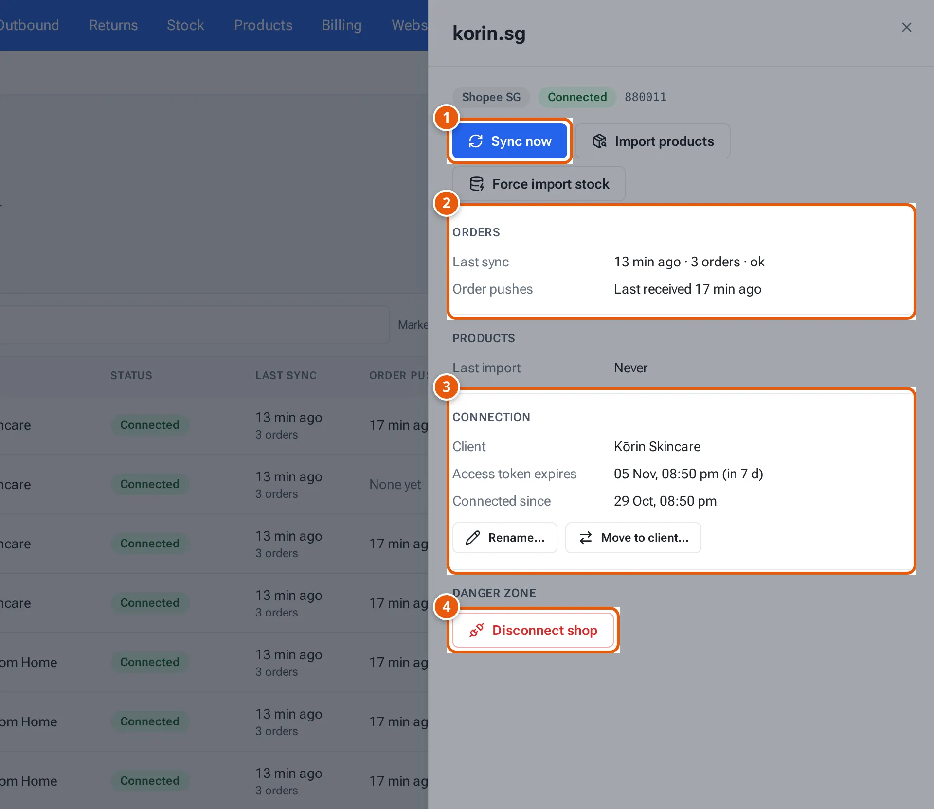 A shop's details: Sync now, the Orders and Connection sections, and Disconnect shop