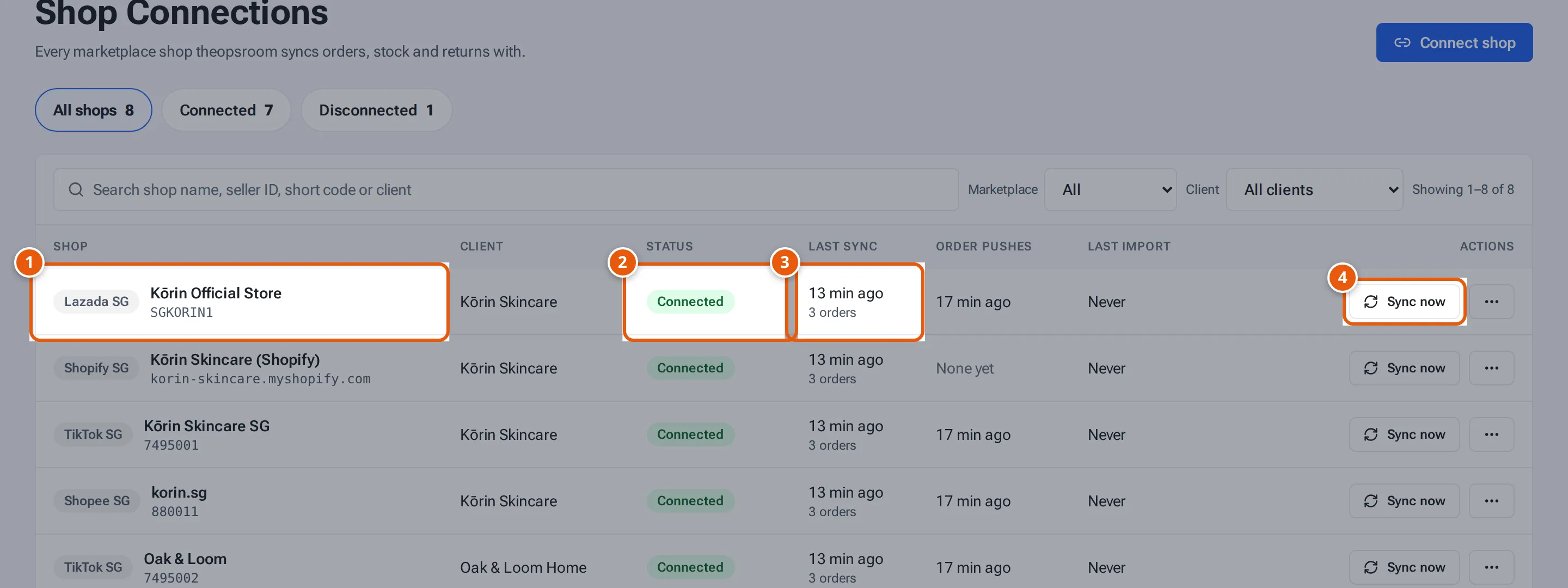 A connected Lazada shop on Shop Connections: status Connected, last sync and Sync now