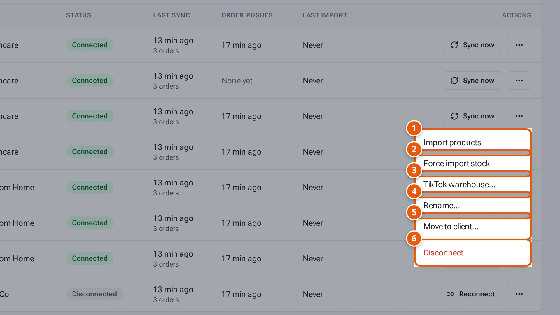 A TikTok shop's More actions menu: Import products, Force import stock, TikTok warehouse, Rename, Move to client and Disconnect