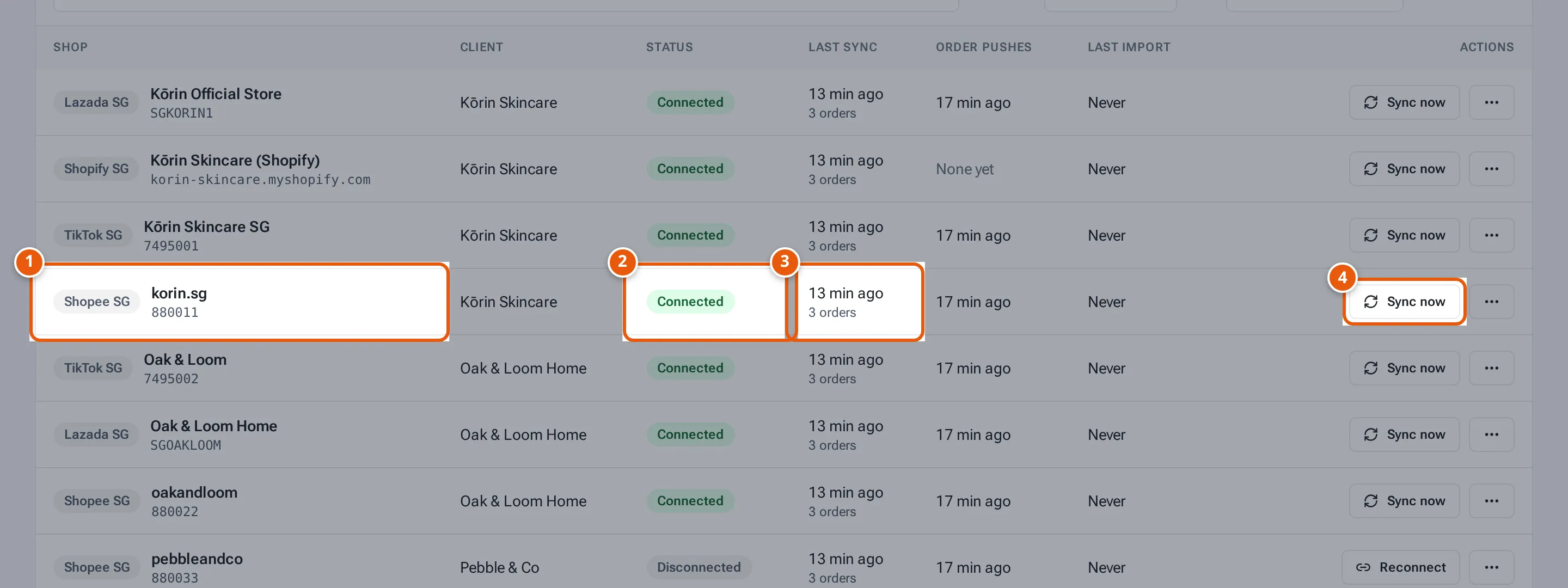 A connected Shopee shop on Shop Connections: status Connected, last sync and Sync now