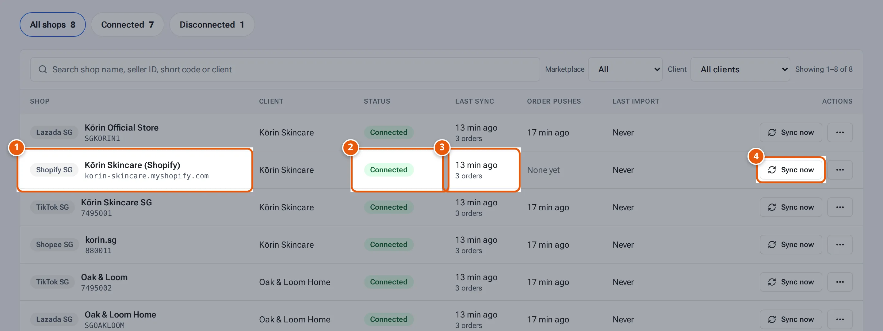 A connected Shopify store on Shop Connections: status Connected, last sync and Sync now
