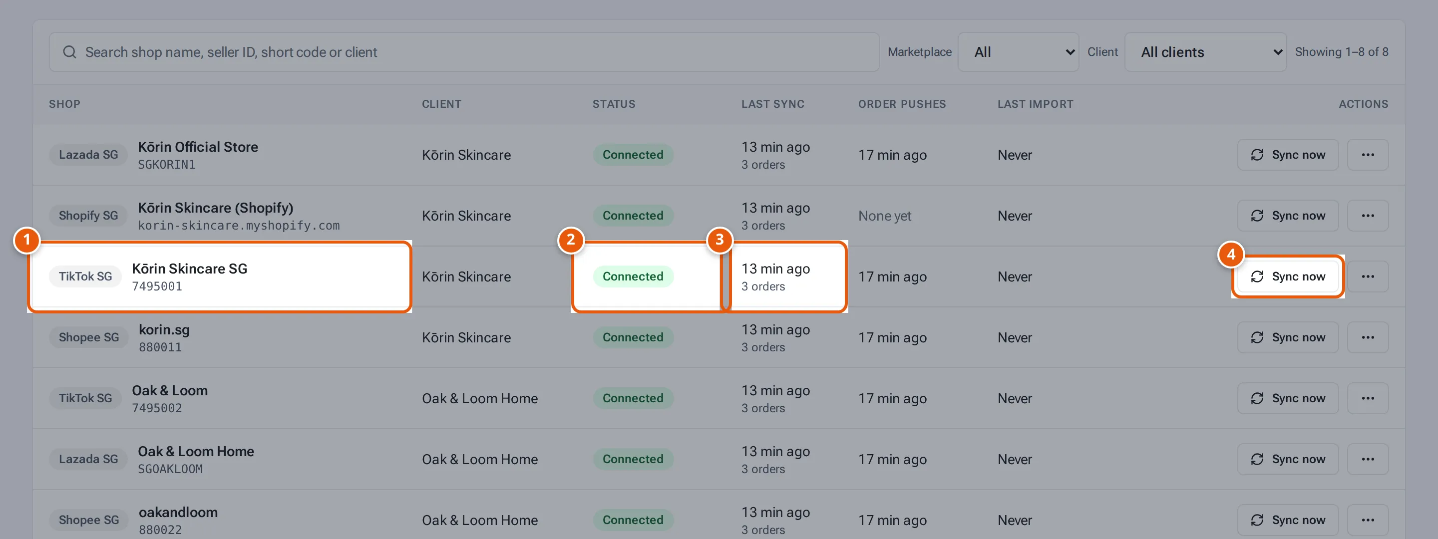 A connected TikTok shop on Shop Connections: status Connected, last sync and Sync now