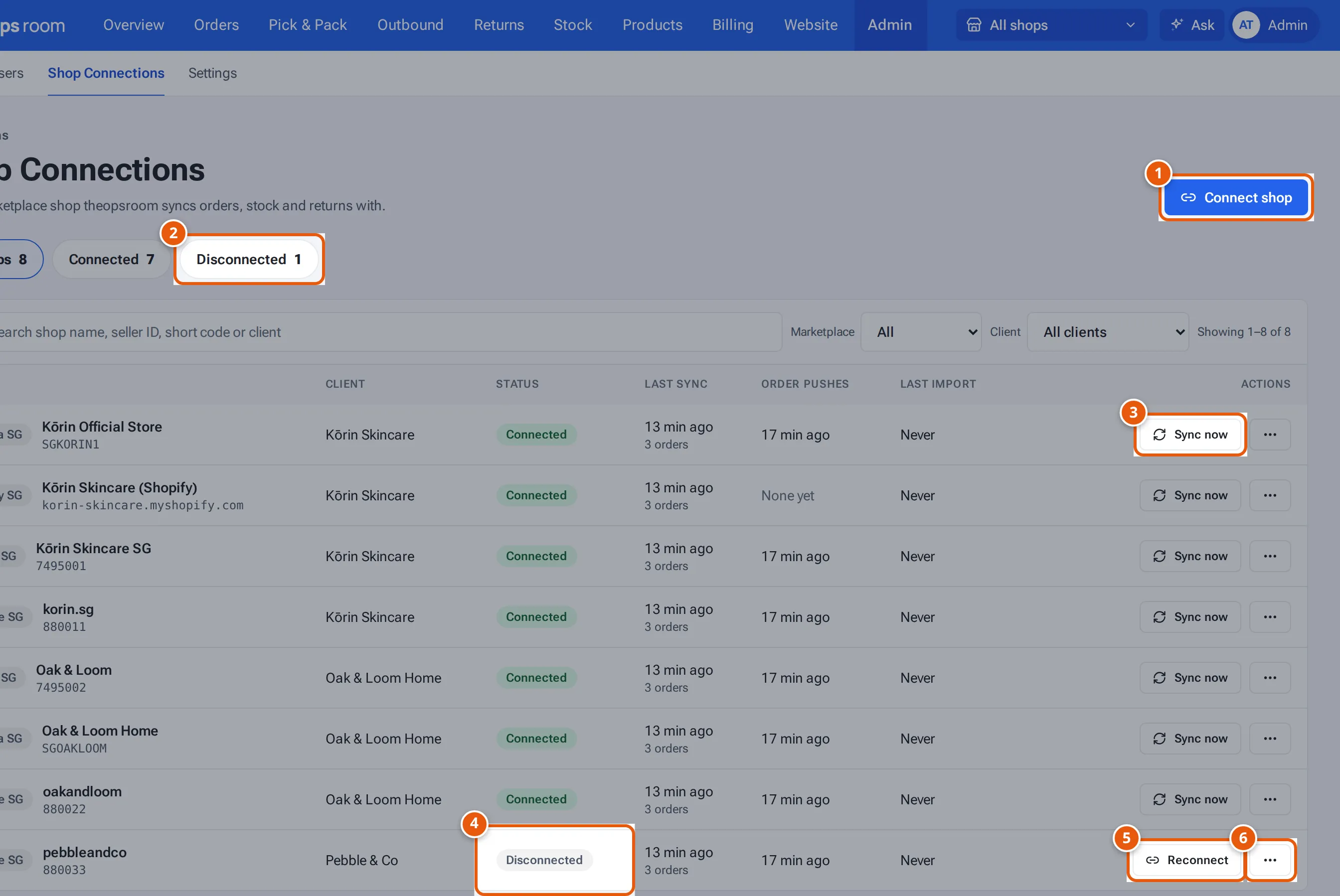 Shop Connections with Connect shop, the status filters, Sync now, a disconnected shop with Reconnect and its More actions menu