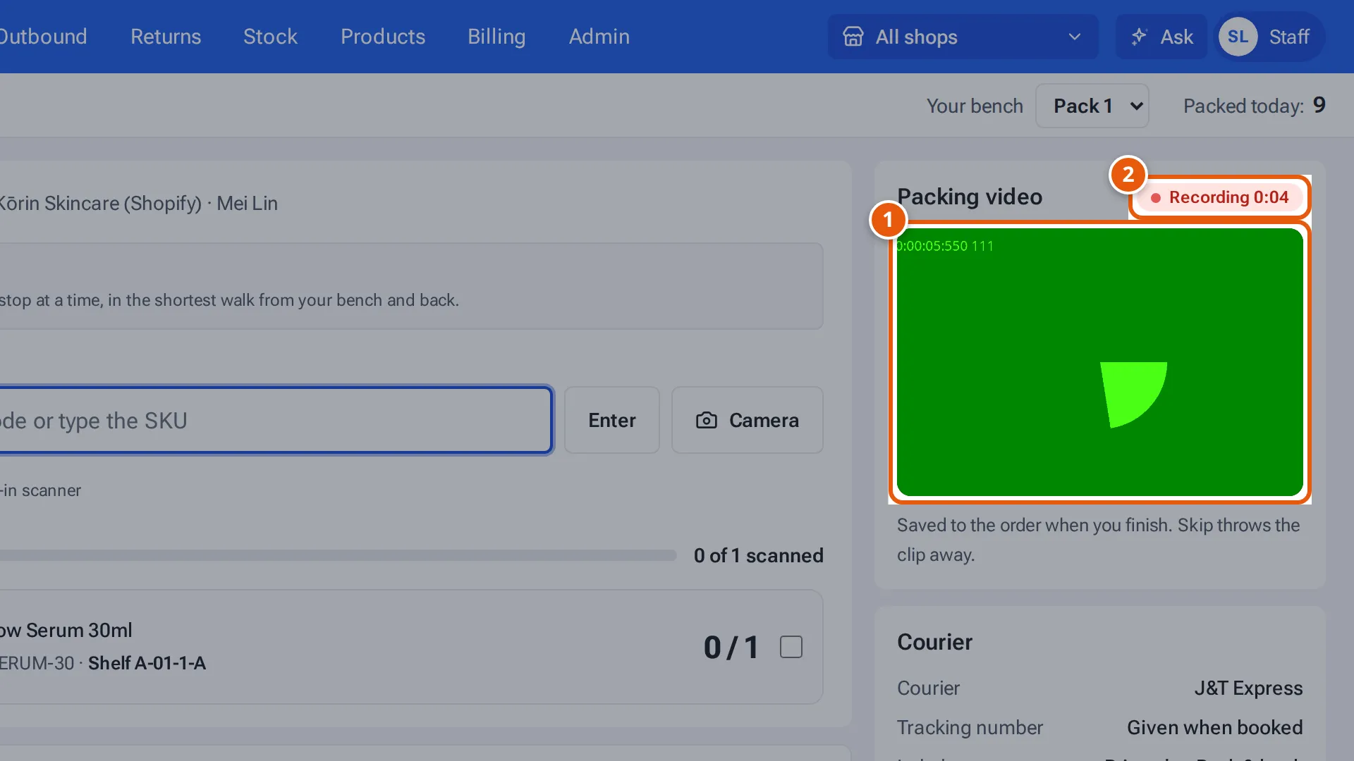 Pick & Pack recording: the camera picture and Recording and its time