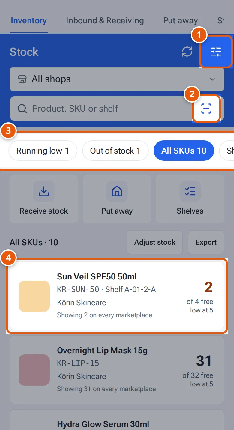 Stock on a phone: Filters, the barcode button, the swipeable chips and a card for each SKU
