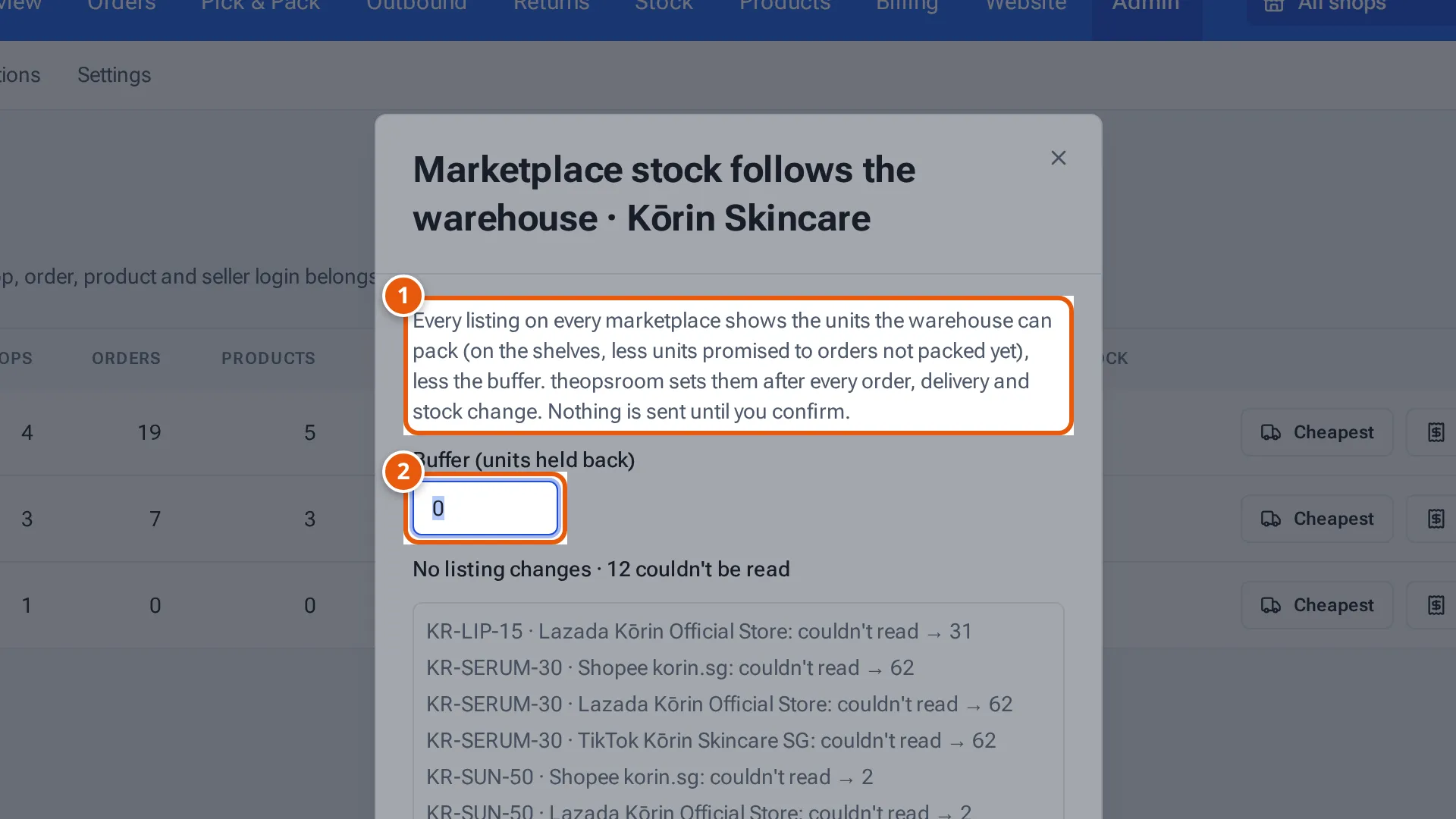The Marketplace stock follows the warehouse window with its explanation and the buffer