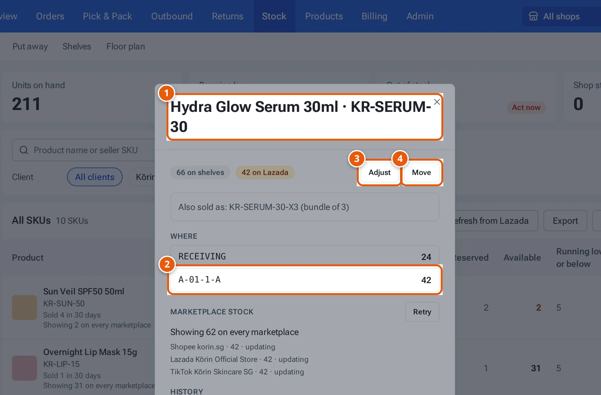 A SKU's stock window: the product, where it is, Adjust and Move
